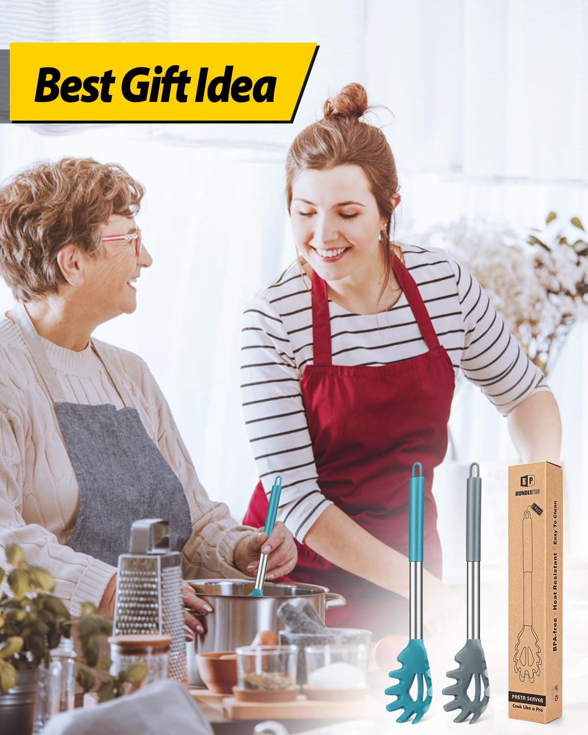 Confezione da 2 forchette per pasta in silicone, resistenti al calore, senza BPA, ottimi strumenti di cottura (grigio-blu)