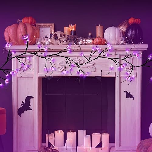Miniatura 3 de N&T NIETING Guirnalda de decoración de ramitas de sauce de Halloween, 8 modos y temporizador, con murciélagos LED y morado de 6 pies, 54 luces LED