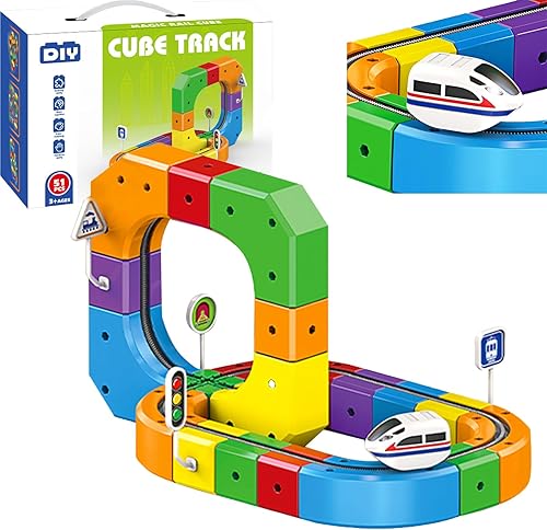 klick Rail - Juego de tren eléctrico, 51 piezas de cubo de construcción de tren de juguete para niños de 3, 4, 5, 6, 7, 8 años, pistas mágicas 3D