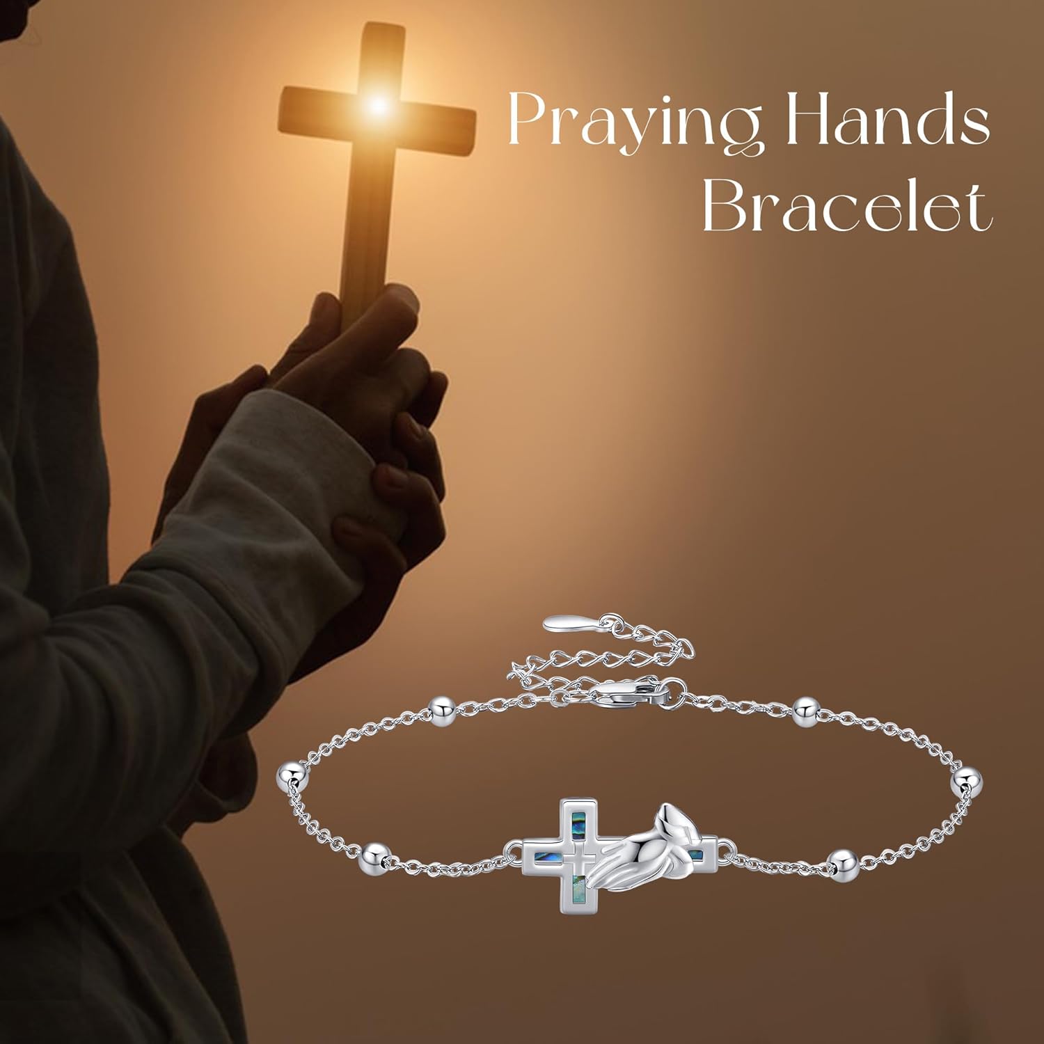 Praying Hands Bracelet 925 Sterling Silver Abalone Cross Serenity Prayer Link Bracelet Religious Jewelry Gifts for Women Men - Image 6