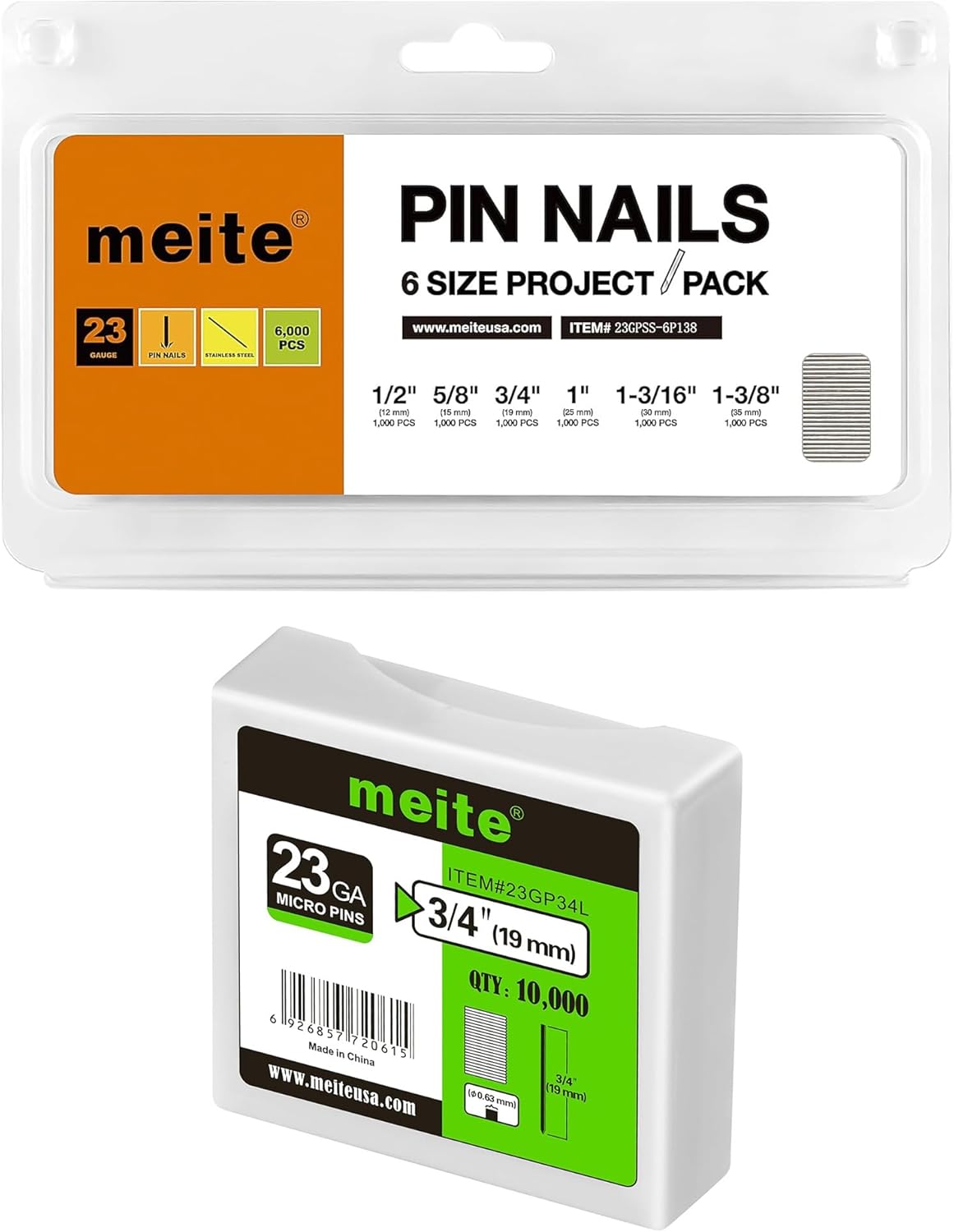 meite 3/4" Galvanized 23 Gauge Pin Nails - 10000 Counts and Assorted 6 Sizes (1/2", 5/8", 3/4", 1", 1-3/16", 1-3/8") 304 Stainless Steel Pin Nails - 6000 Counts