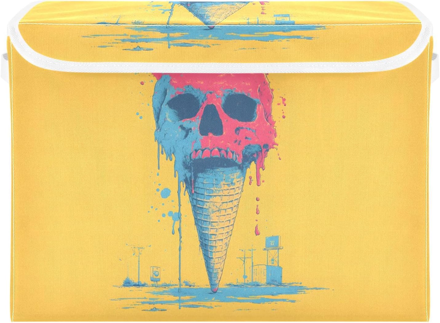 AIXIWAWA Lidded Storage Cube Bin Ice Cream Skull Print, Foldable with Flip Lid & Handles for Home Office Organizing 16.5×12.6×11.8 IN 1 Pack