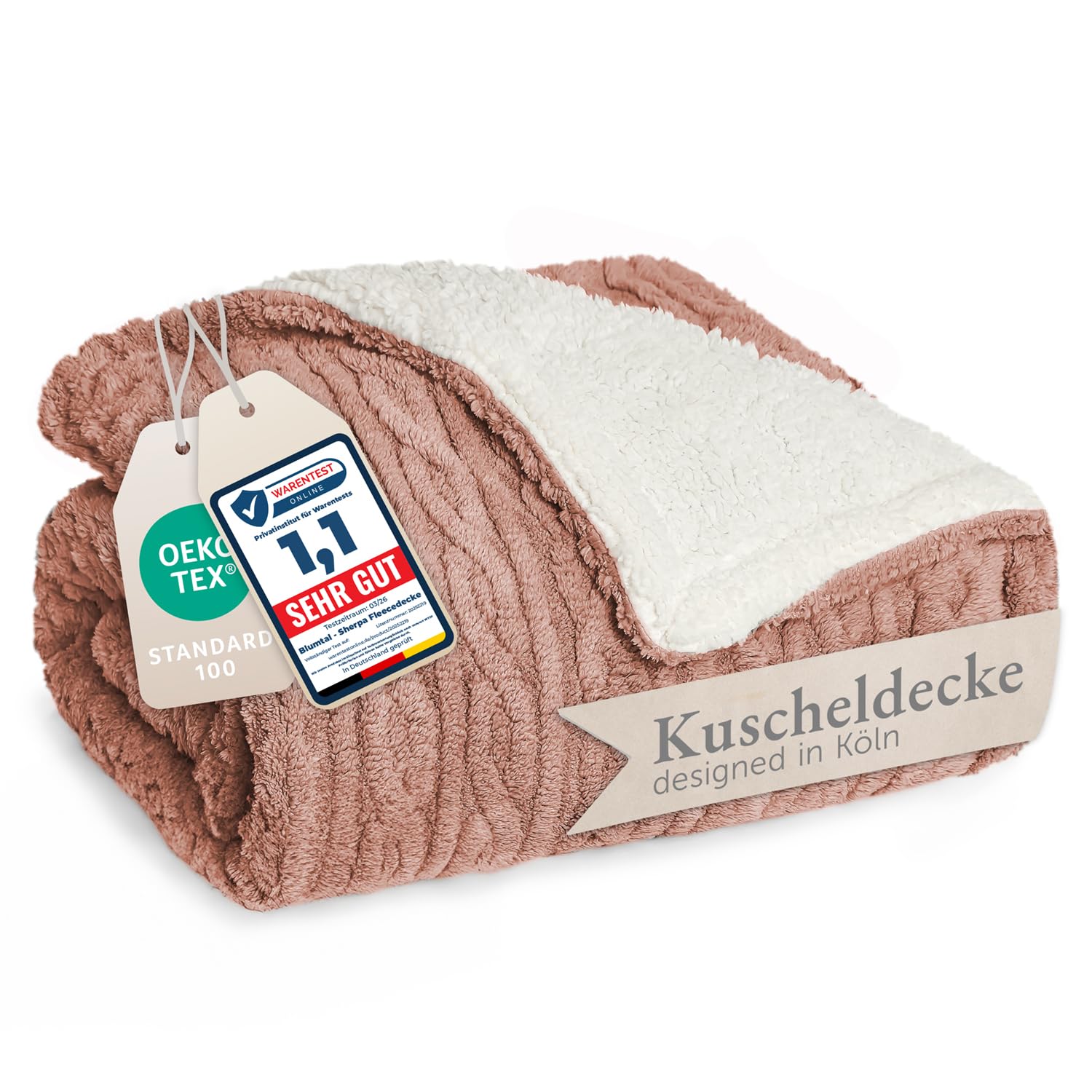 Blumtal Kuscheldecke 230x270 cm mit Zopfstrick-Optik - Oeko-TEX zertifizierte Mikrofaser Fleecedecke 230x270 cm mit weicher Sherpa-Innenseite - Bettüberwurf 220x240 - Dusty Pink
