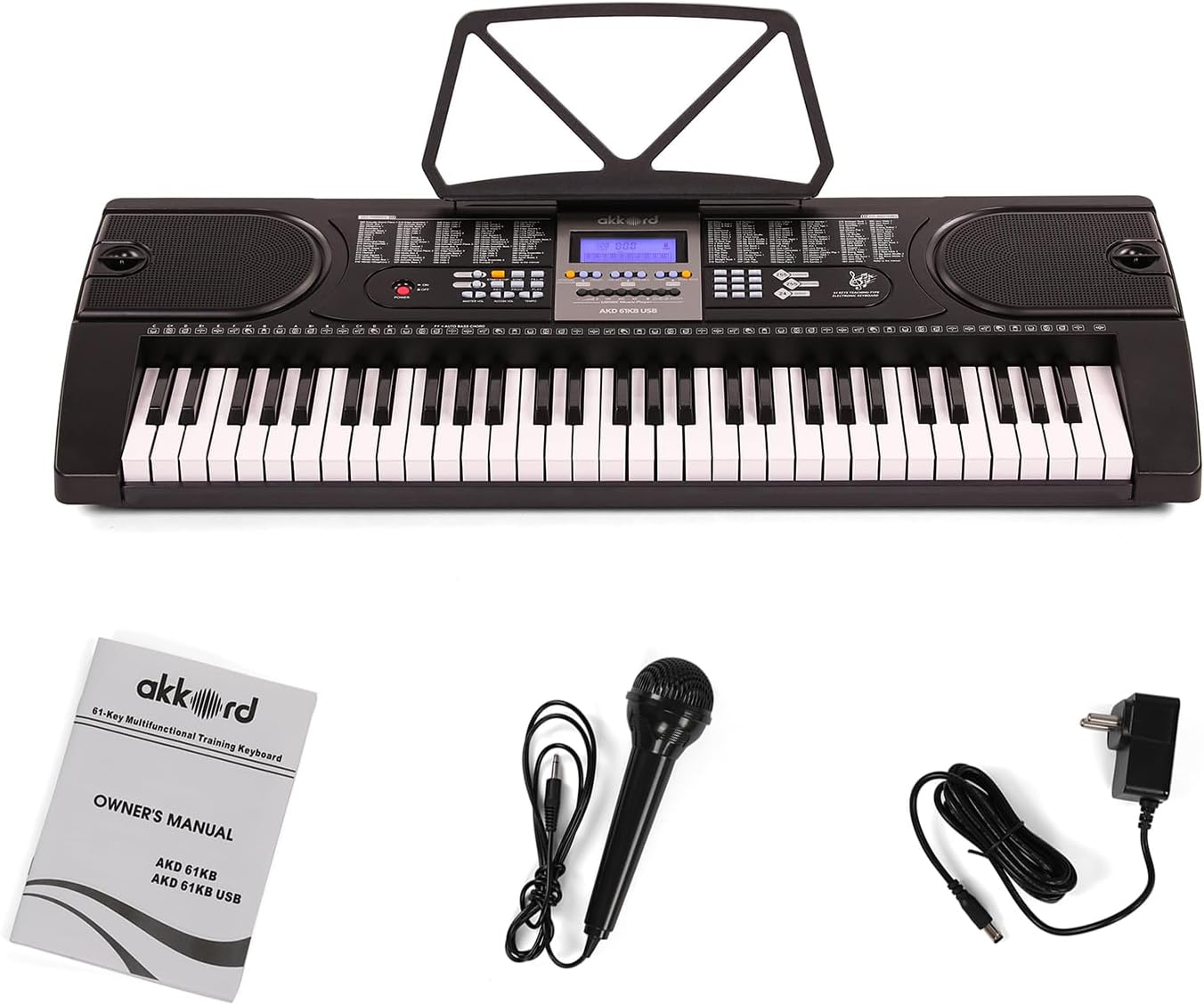 Akkord AKD 61KB 61-Key Octave Electronic Keyboard with adapter- LCD Display| USB Output| Mic |Music Sheet Stand | 255 Rhythms | 255 Timbres | 24 Demos