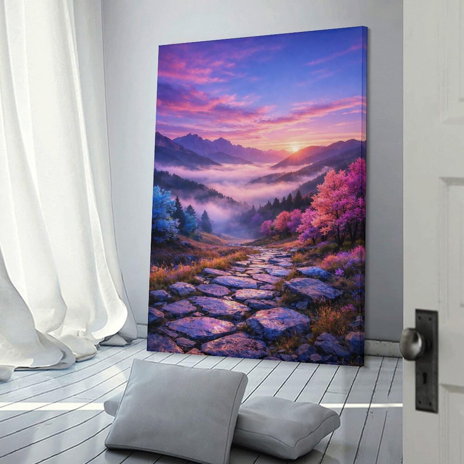 Junmoney Frame-Style-21 Room Decor Wall Art Sunset Glow Over Misty Valley Path, 24X36inch(60X90cm), For Wall Displays, Bedrooms Or Room Updates, An Easy Match For Collected Prints