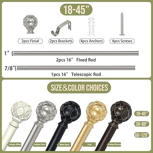 Miniatura 6 de TANGWIN Barras de cortina plateadas para ventanas de 28 a 48 pulgadas (2.3-4 pies), barra de cortina ajustable de 1 pulgada, barras de cortina
