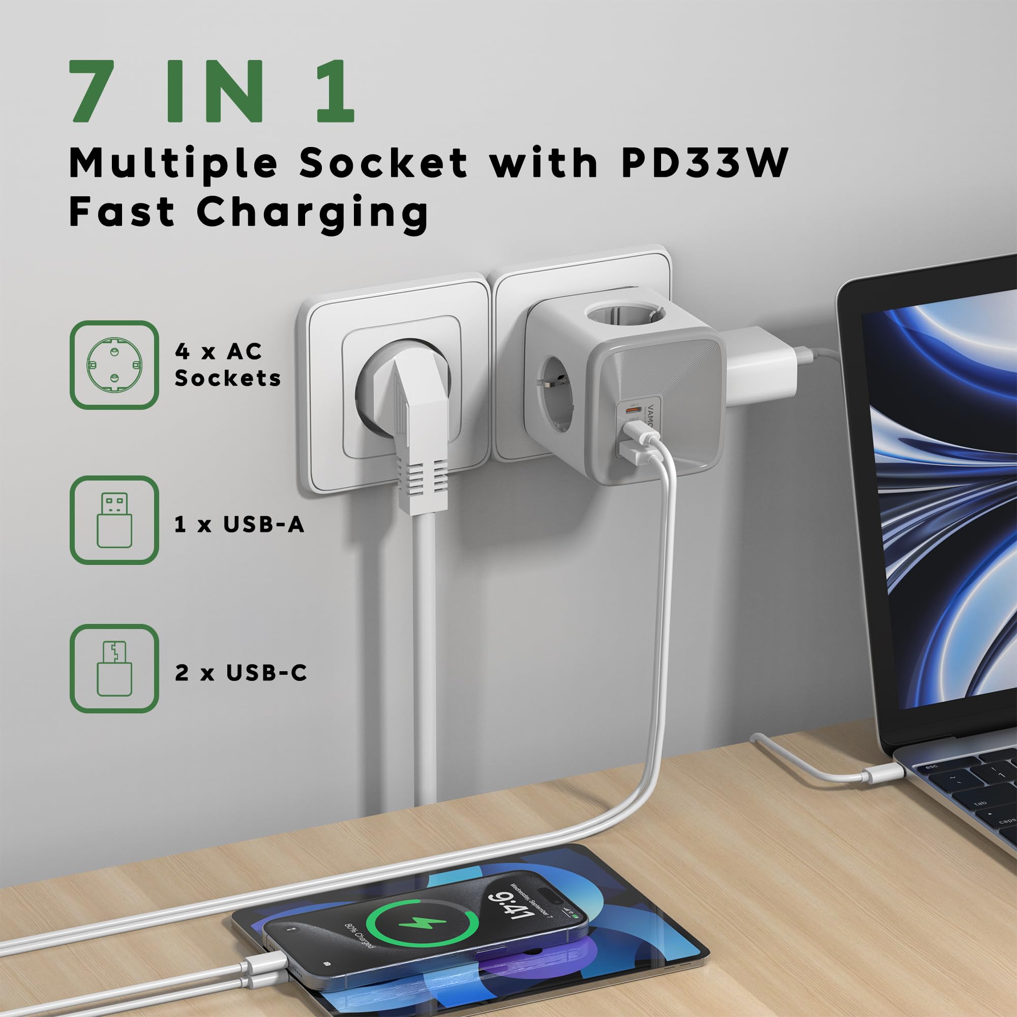 Listwa zasilająca z gniazdem USB, adapterem gniazdka 4-drożnego z USB-C, szybką ładowarką PD33W 2 USB-C 1 typu A, 7 w 1 z blokadą bezpieczeństwa dla dzieci do biura, domu, podróży, Czysta biel
