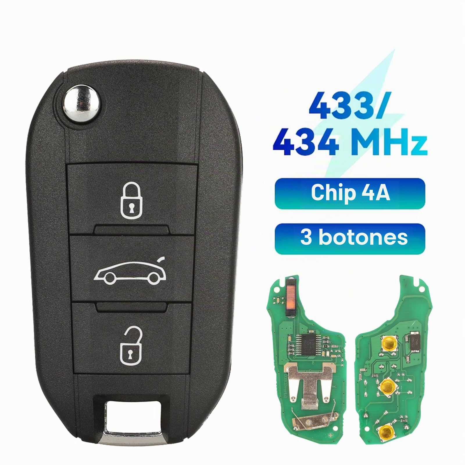 Heart Horse Peugeot - Carcasa de llave con mando a distancia de 3 botones AVCE 434 MHz 4 A Puce, llave HU83 hoja para 208 2008 3008 508 5008 Citroen C3 C4 Berlingo