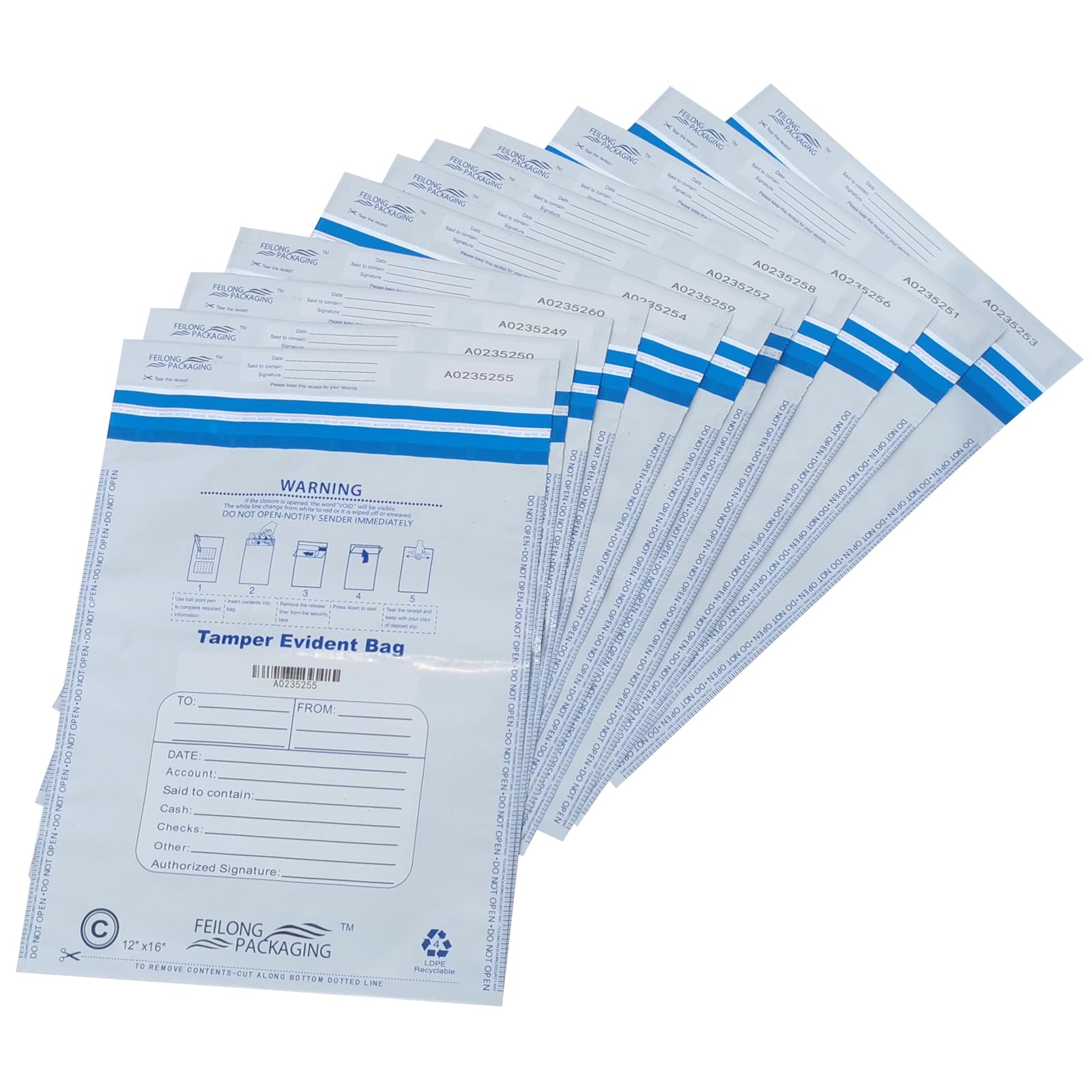 FEILONG PACKAGING 100Pcs 12"x16" Tamper Evident Security Bags - White Opaque 2.8 Mil Plastic Cash Bags with High Level Security Seal