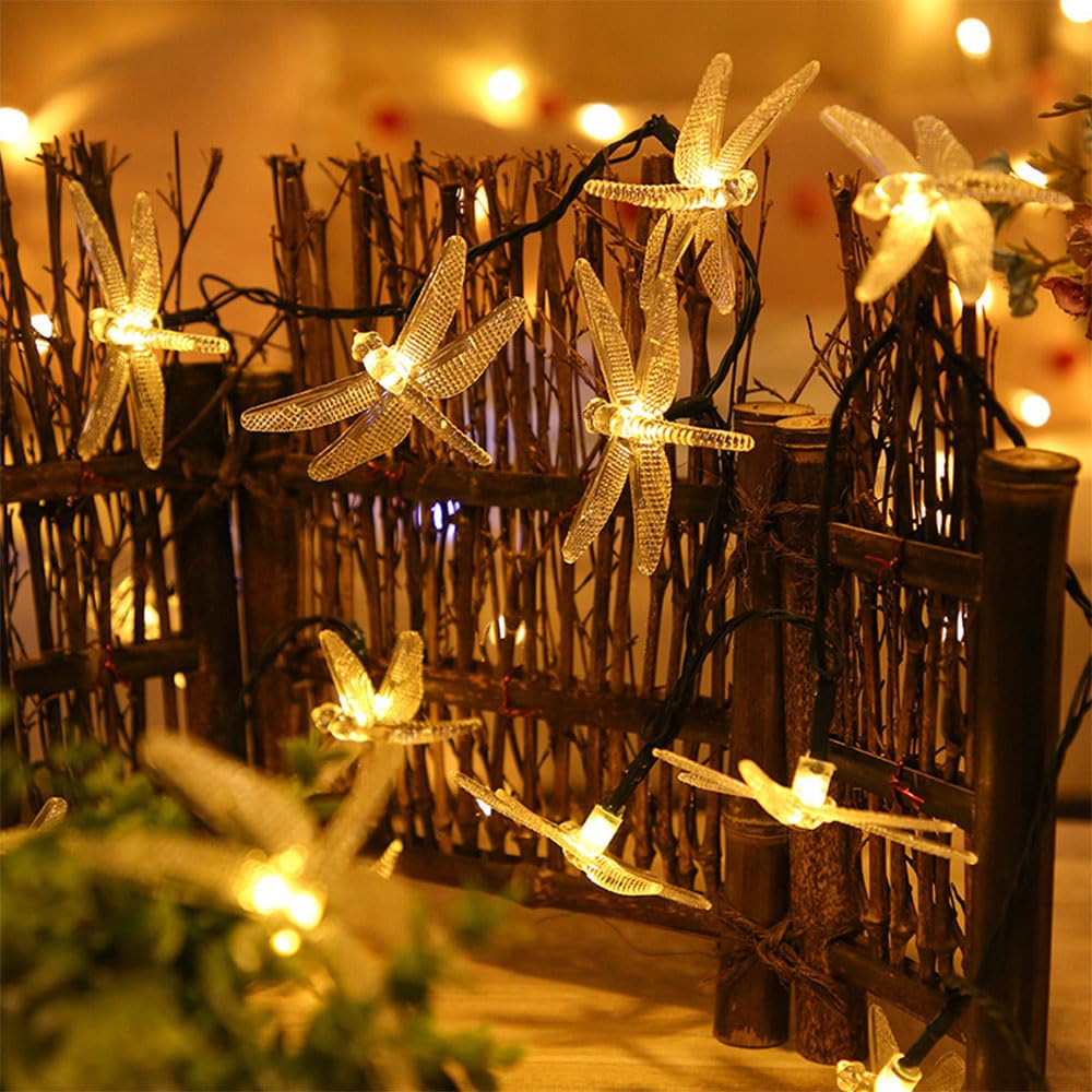 FANSU Esterno Catena Luminosa Solare 20/30/50/100 LED 8 Modalità Libellula Luci Solari Impermeabile Luci Giardino Energia Solare per Festa Campeggio Balcone Feste Gazebo (Bianco caldo,12m 100LED)