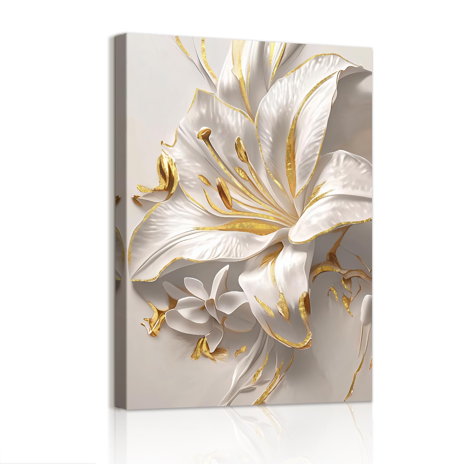 WENGTIAO White Gold Lilies Flowers Canvas Wall Art Prints Framed Pictures Minimalist Beige Floral Painting on Canvas Living Room Bedroom Home Wall Decor 30x40cm