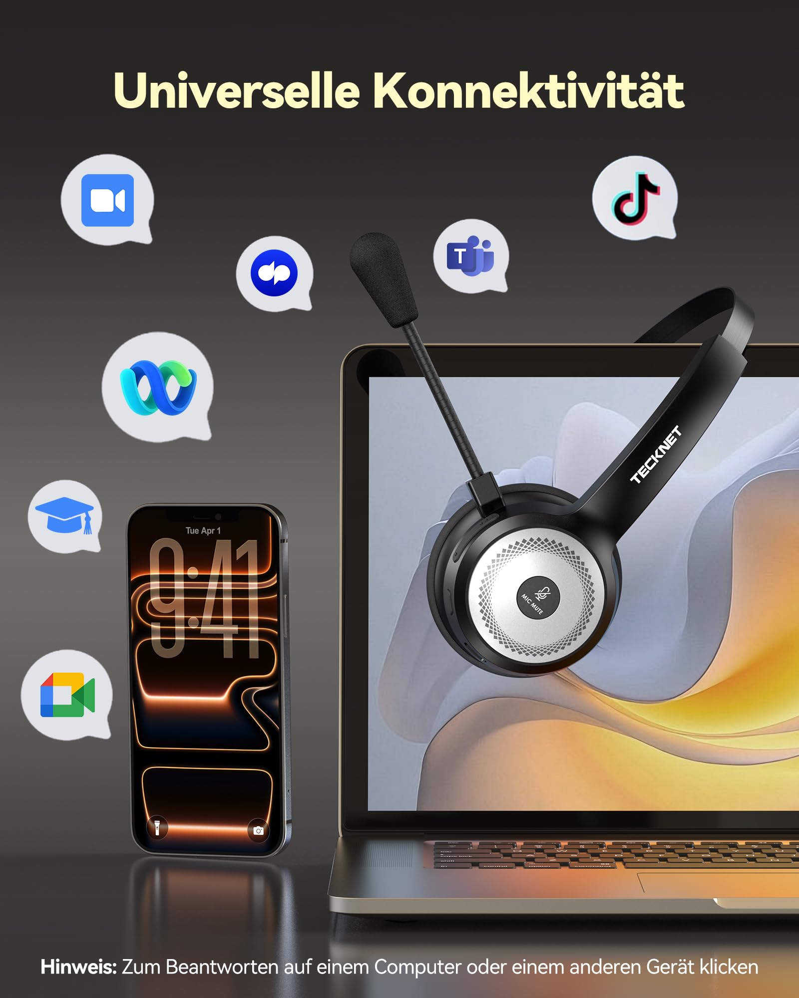 TECKNET Bluetooth PC Headset mit Mikrofon & USB Dongle [45 Std Anrufzeit & 10M Reichweite] kabelloses Headset mit Ladestation, Wireless Headset mit AI Rauschunterdrückung für Business,Büro,HomeOffice