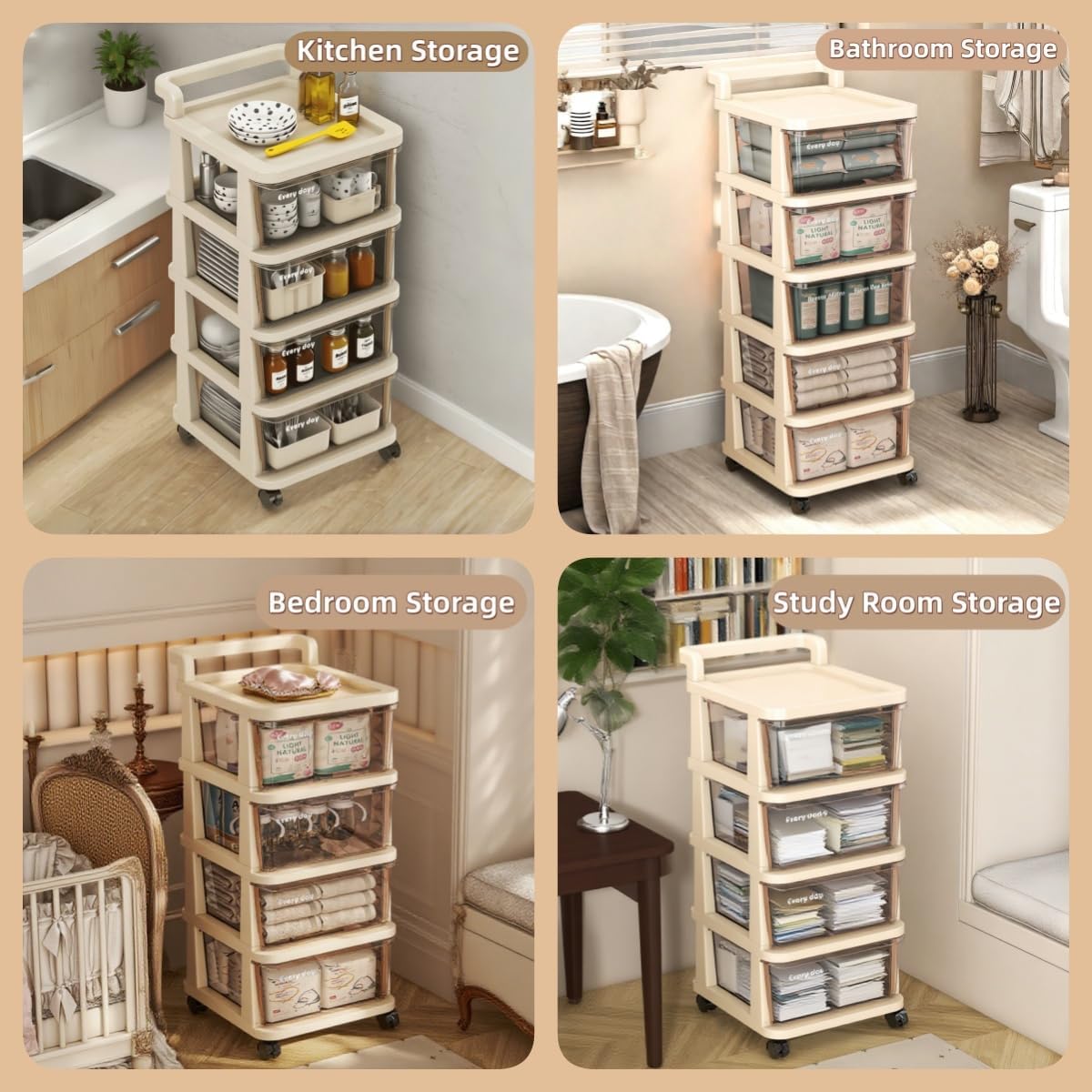 4-Tier Clear Drawer Storage Cart with Locking Wheels&Handle, Easy Assembly Rolling Storage Cabinet Organizer, Compact Drawer Tower for Bathroom Kitchen Dorm Office