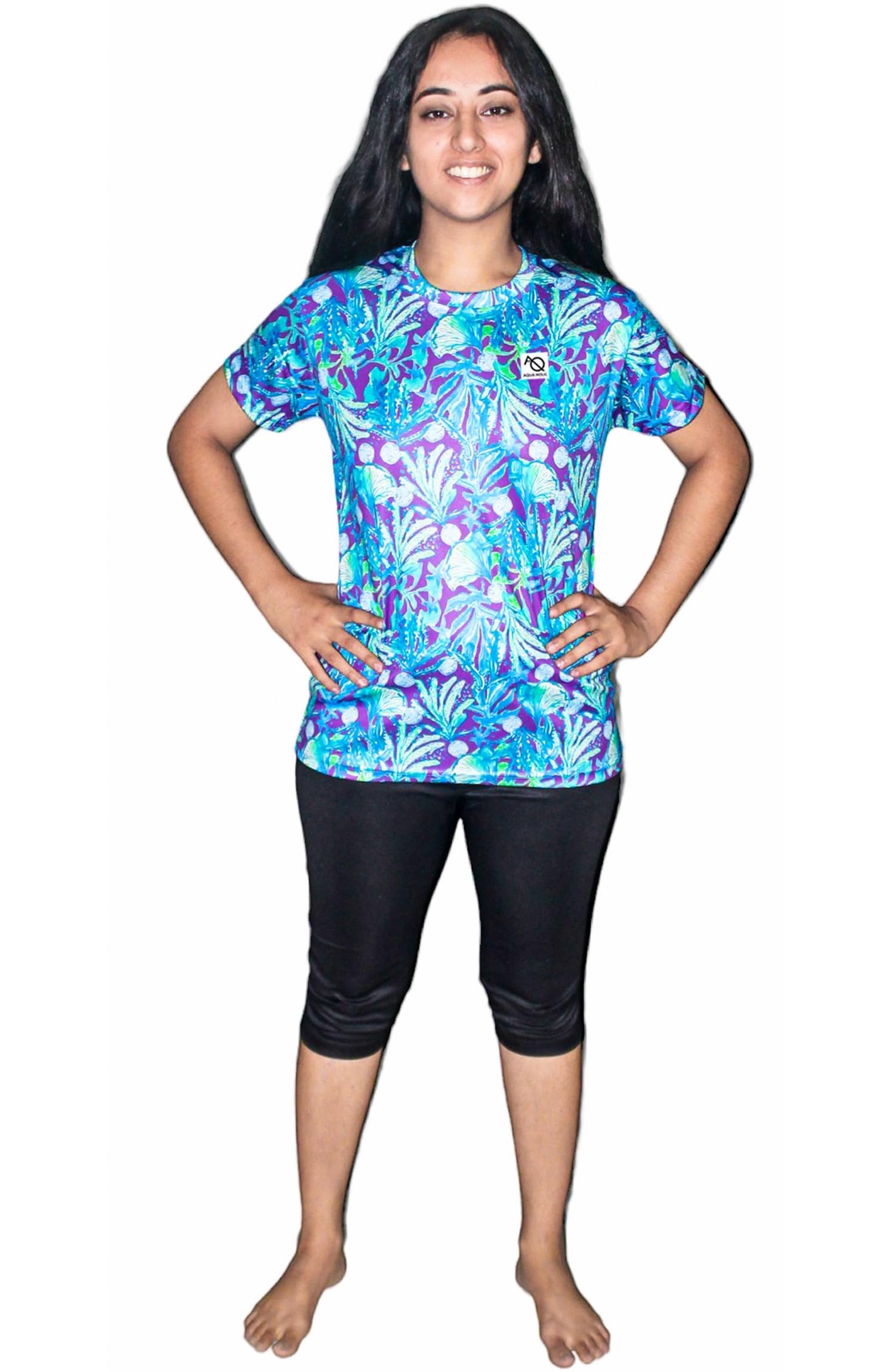 Aqua HolicTwo Piece Women Printed Swim Top with Plain Capri for Swimming, waterpark, Cycling and Other Sports