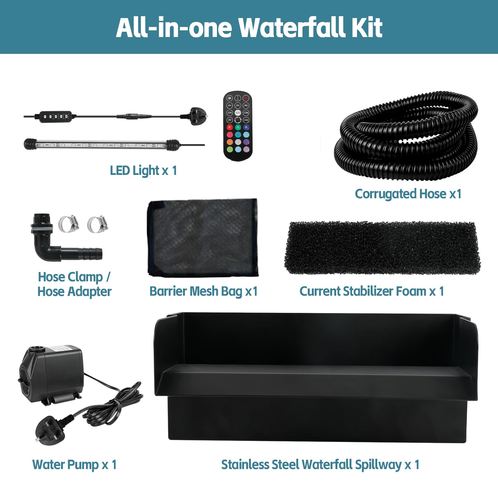 Cascade d'étang 30 cm LED Déversoir Kit Cascade Bassin 45 W 3000 l/h Pompe Télécommande