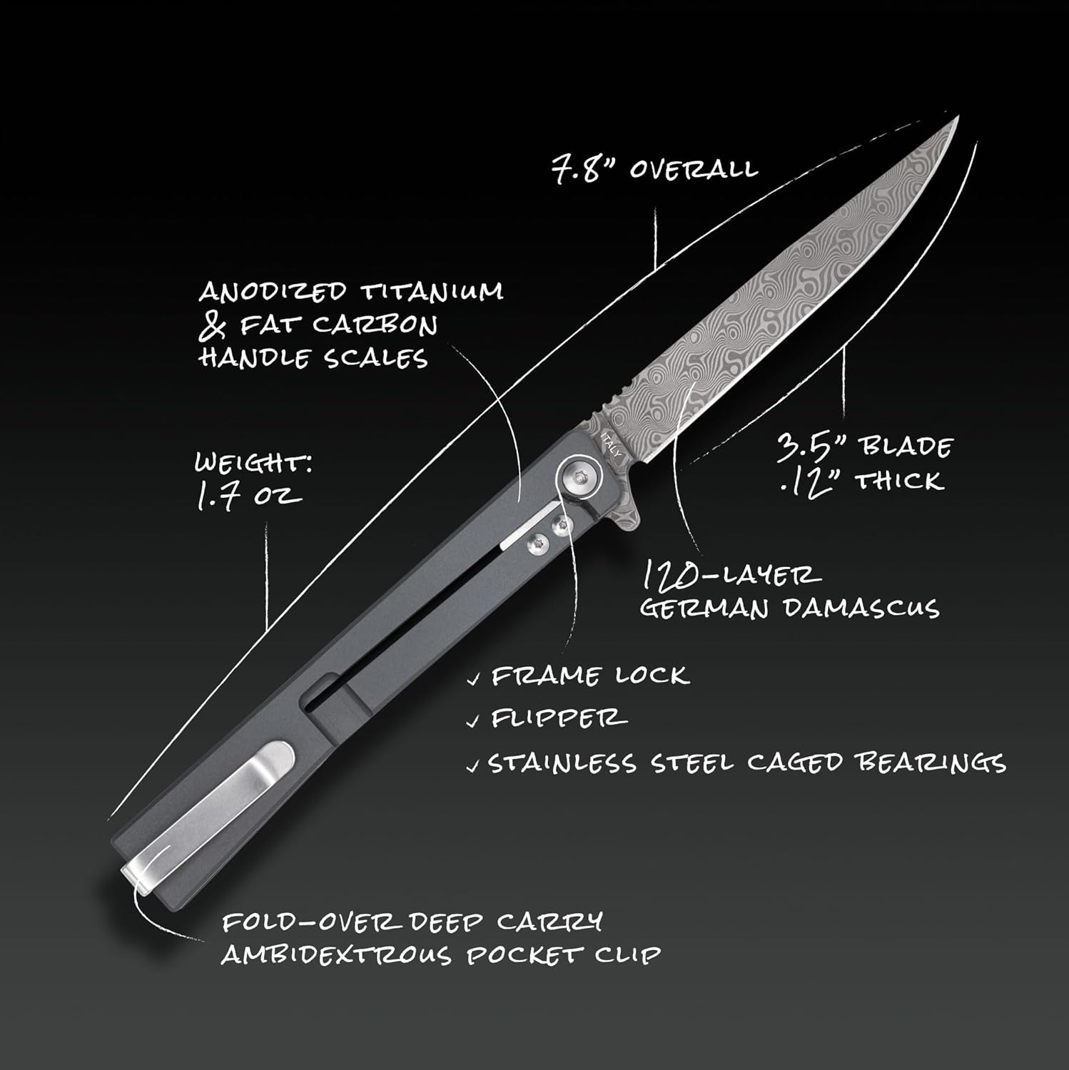 Ocaso - Solstice Gentleman's Knife, 3.5" 120-Layer German Damascus Steel, Carbon Fiber and Titanium Handle, Ambidextrous Deep Carry Pocket Clip, Dark Matter Red 10IFR