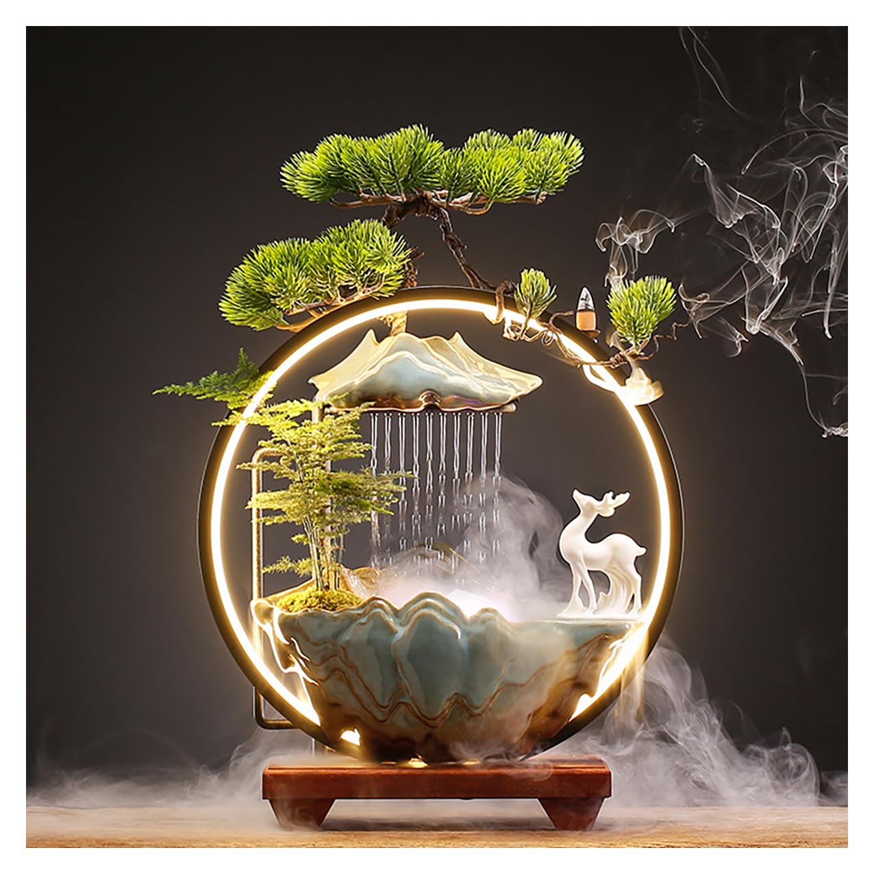 Tabletop Water Fountain with LED Light - Indoor Zen Relaxation Fountain with Mist, Feng Shui Design, Backflow Incense Holder for Home Office Decor (Small)