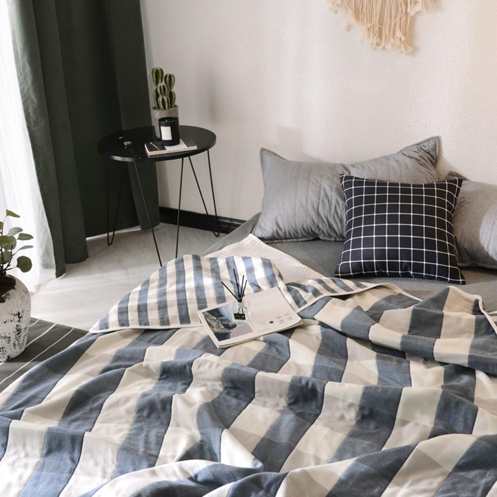 UOZZI BEDDING 6 Layers of 100% Spring Summer Muslin Cotton Premium Toddler Blanket Quilt/Throw Blanket Lightweight Blanket for Teens, Adults (Navy Blue Plaid Style, 56"x75")