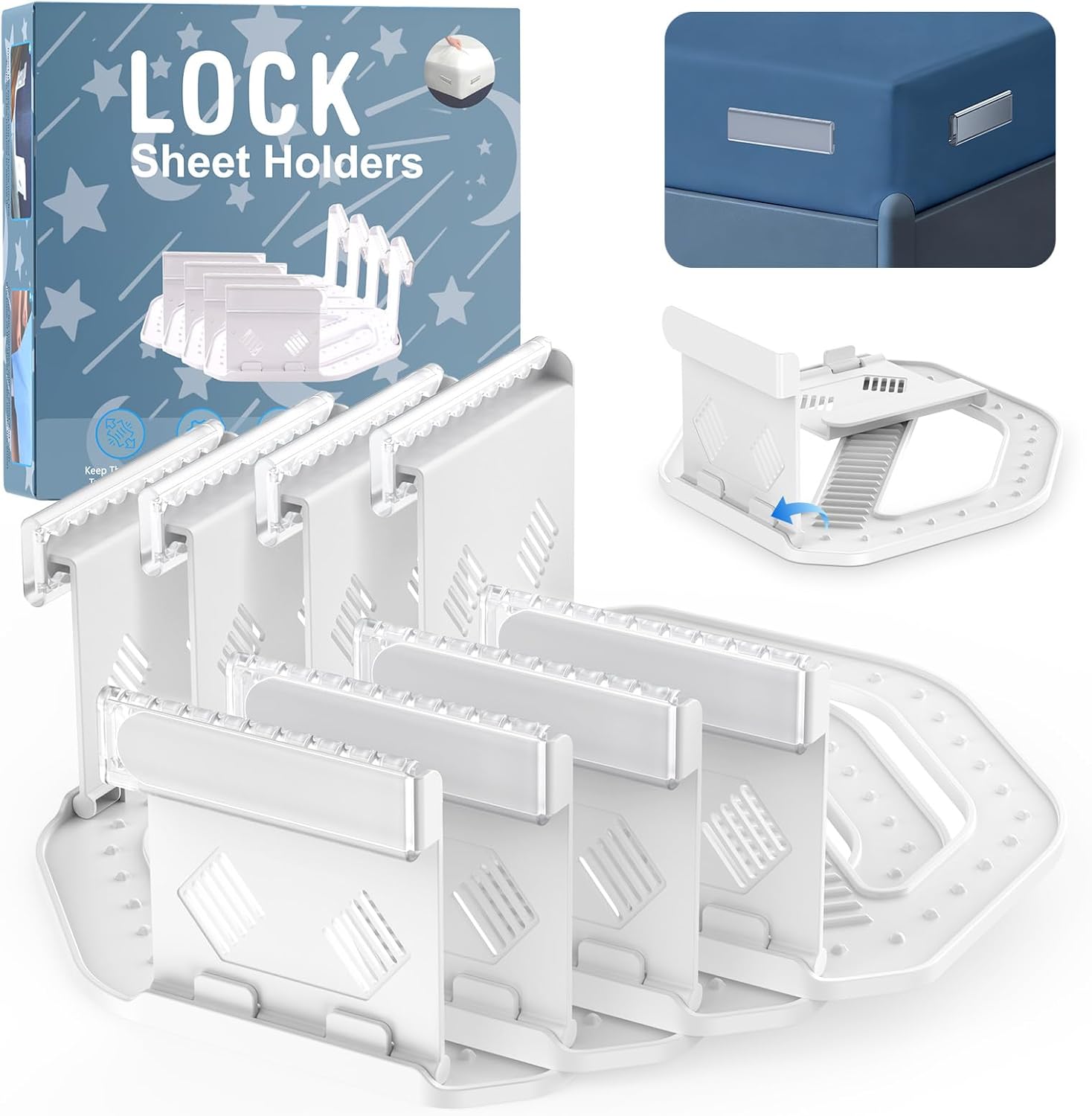 Upgrade Bed Sheet Holders for Corners Keep Sheets Firm & Tight, Foldable Lock Sheet Holders Set of 4, Heavy Duty Bed Sheet Clips, Sheet Locks, Fit All Mattress Easy Install, White - Amazon product rated Grade B