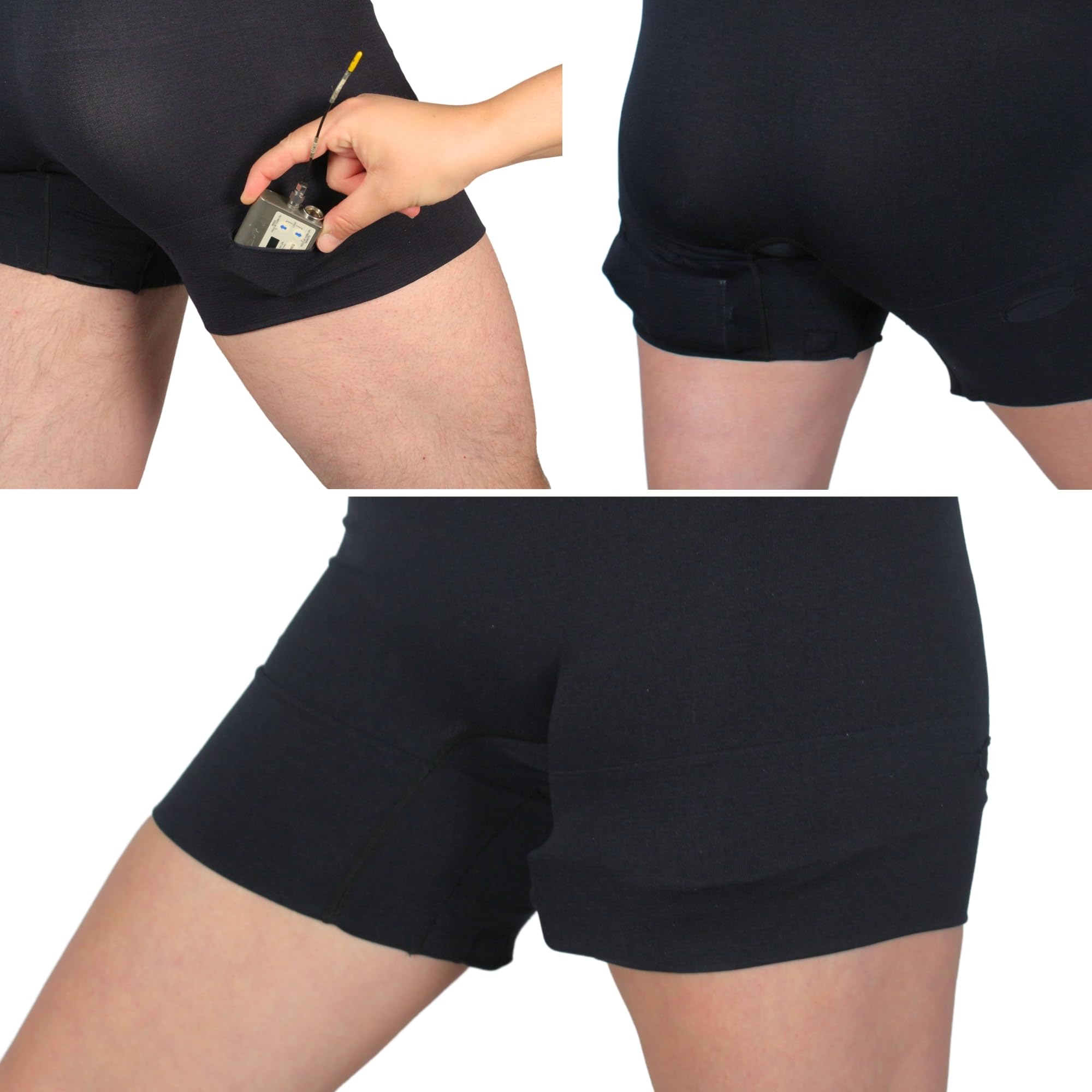 URSA Undies - Boxer leggeri per film, TV e teatro, passanti integrati e tasca con bottone automatico, per posizionamento wireless del microfono (nero, M)