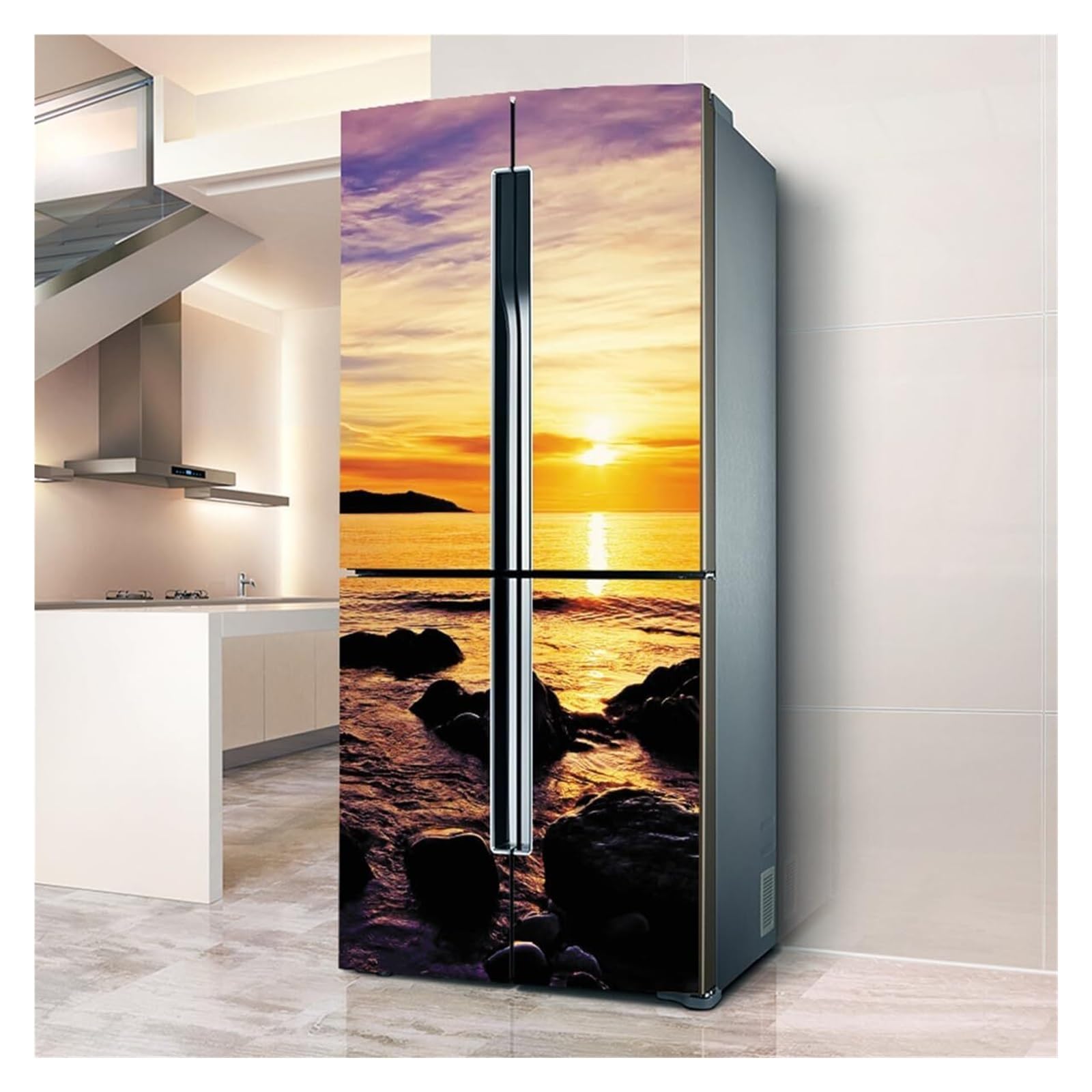 GDHKDDFL Minimalist, luxury-inspired fridge decals, Freezer Skins Wall Stickers for Kitchen Decal, Sunset Seascape Reef(L: 100x180 cm)