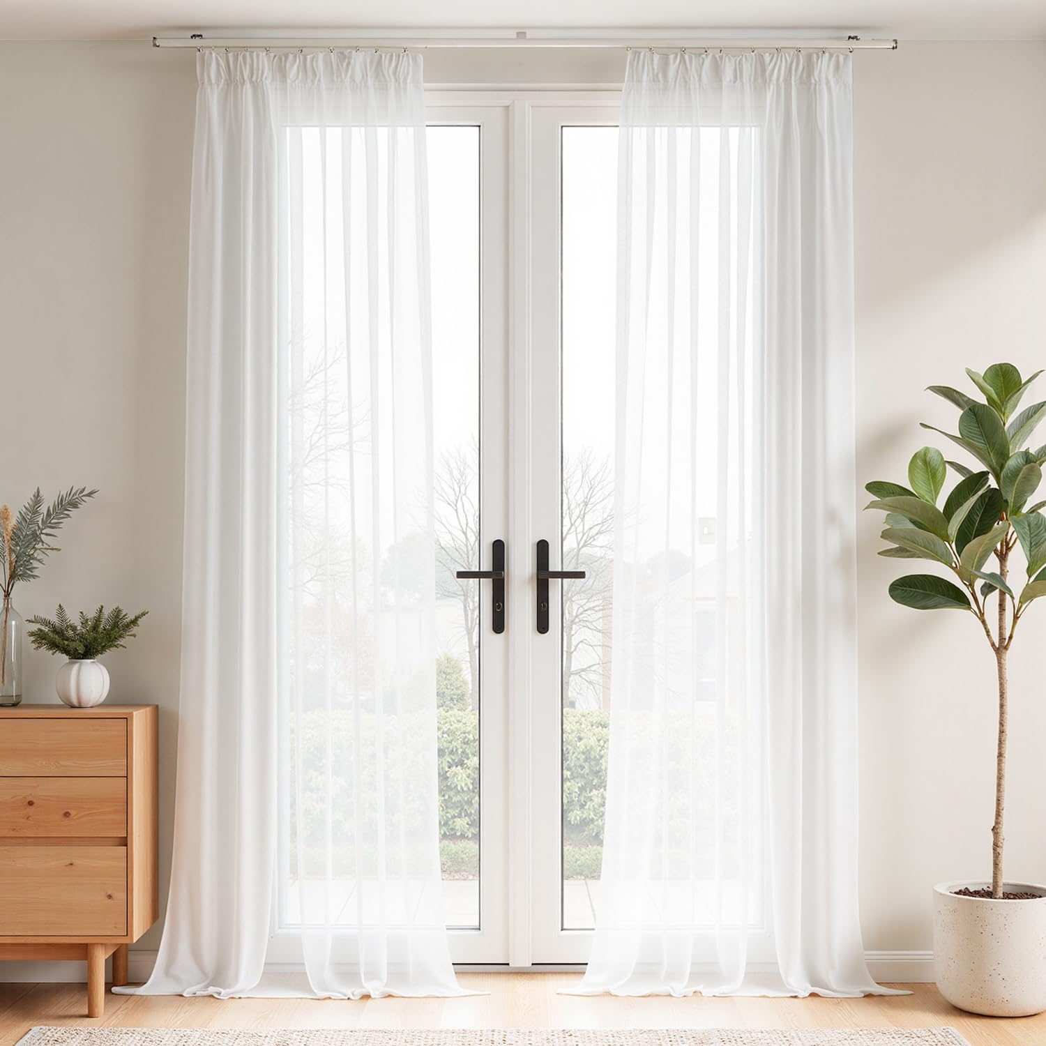 Vangao Rideau Voilage Galon Fronceur Cuisine Salon Fenetre Chambre Transparent 140L x 260H cm Lot de 2 Interieur Décoration Filtrage de la lumière Moderne Voile Rideaux Voilages Élégants, Blanc