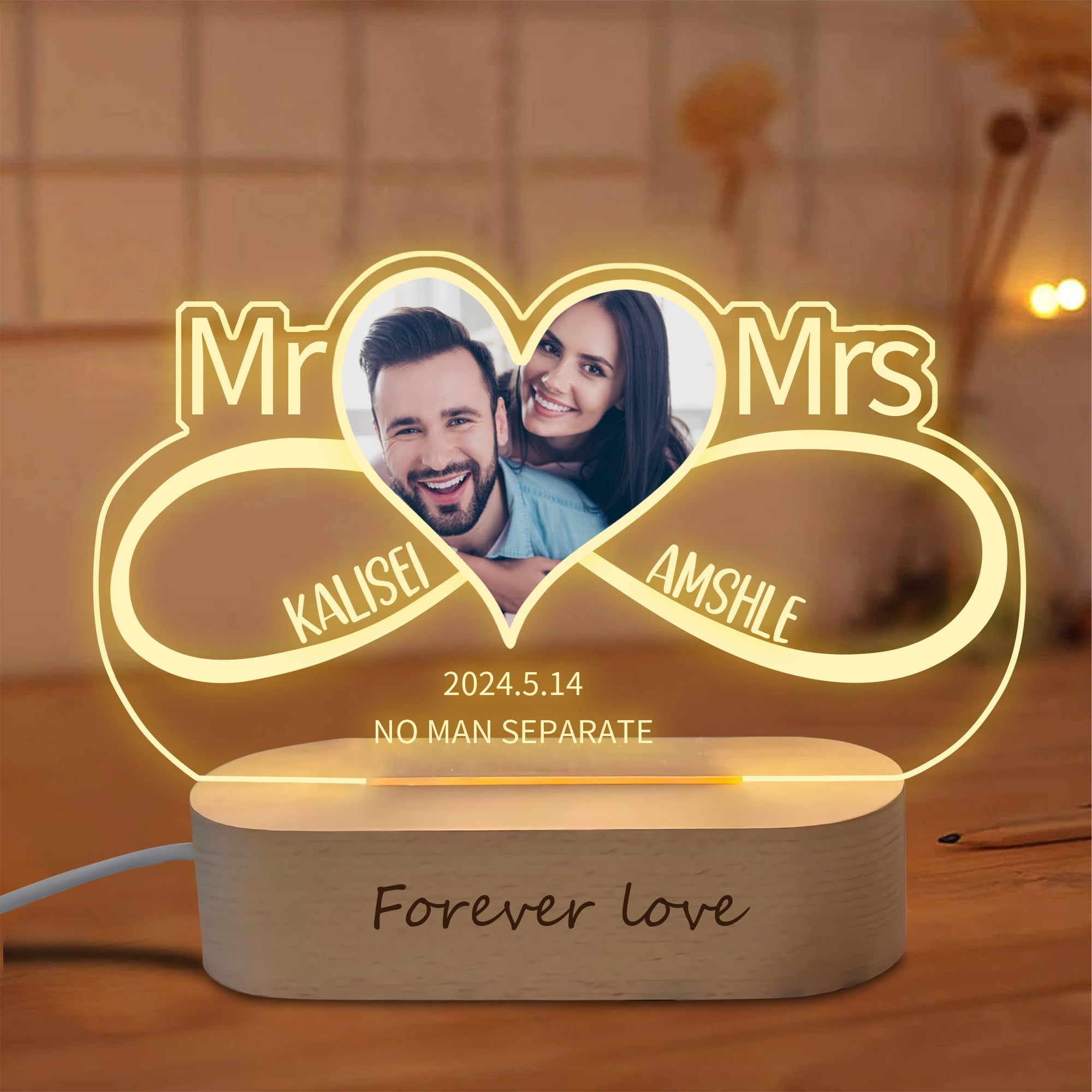MHJUFGD Personalised Couple Photo Light Custom Name Date Text Light Up Picture Frame Mr & Mrs Acrylic Heart Photo Lamp Romantic Gift for Lover Girlfriend Wife Birthday Valentine's Day (Style 3)