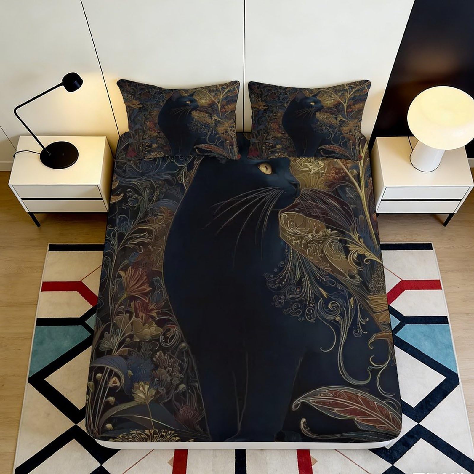 Jwndfkpvxzgl Style-6 3D Printed Black Cat Fitted Sheet Microfiber Soft Breathable Botanical Bed Cover For Bedroom Guest Room Decor 90X200x25cm