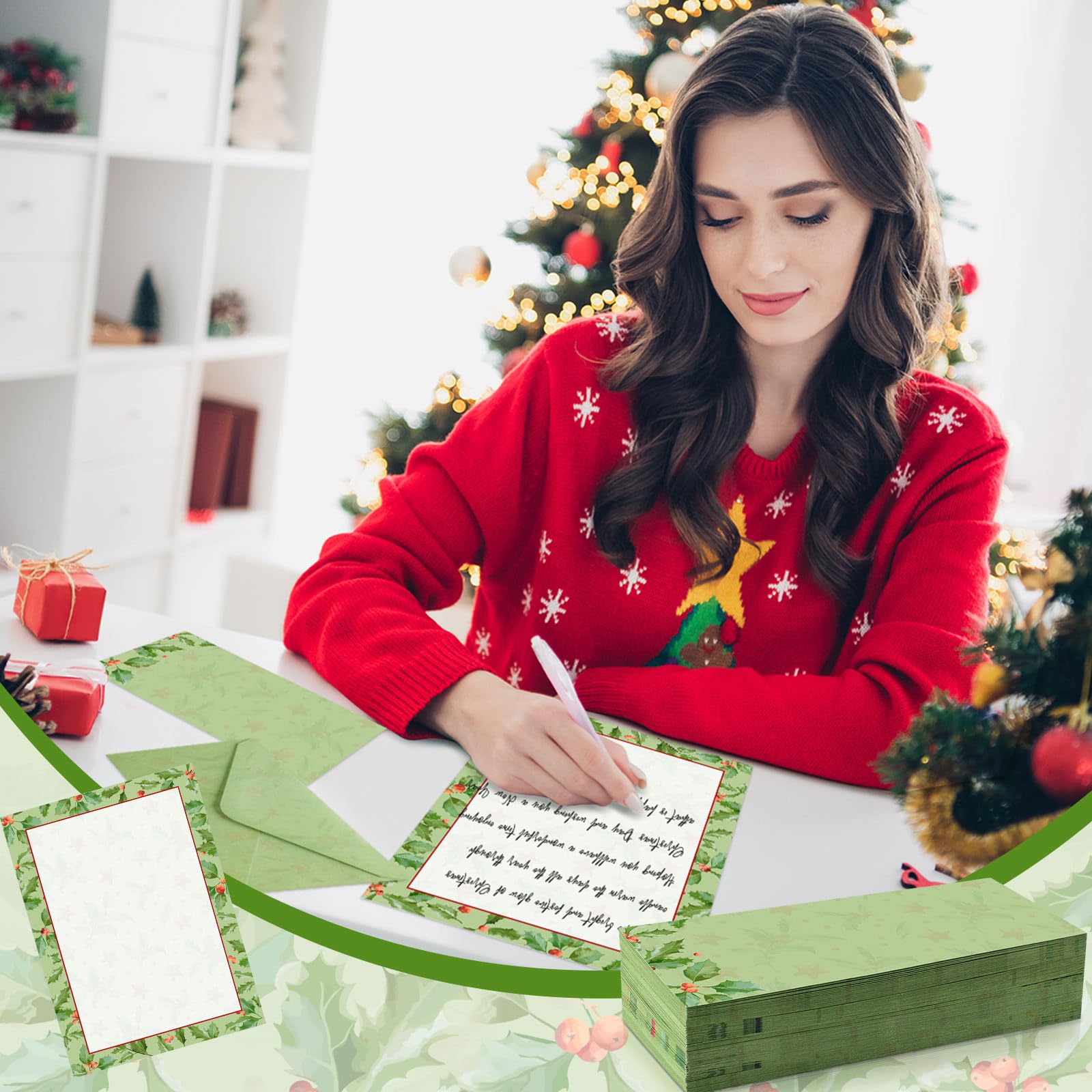 Chiisong 160 piezas de papel de papelería de Navidad con membrete y sobres, 80 sobres de papel de acebo de hiedra de Navidad, 80 sobres de día festivo para notas, tarjetas de felicitación, invitación,