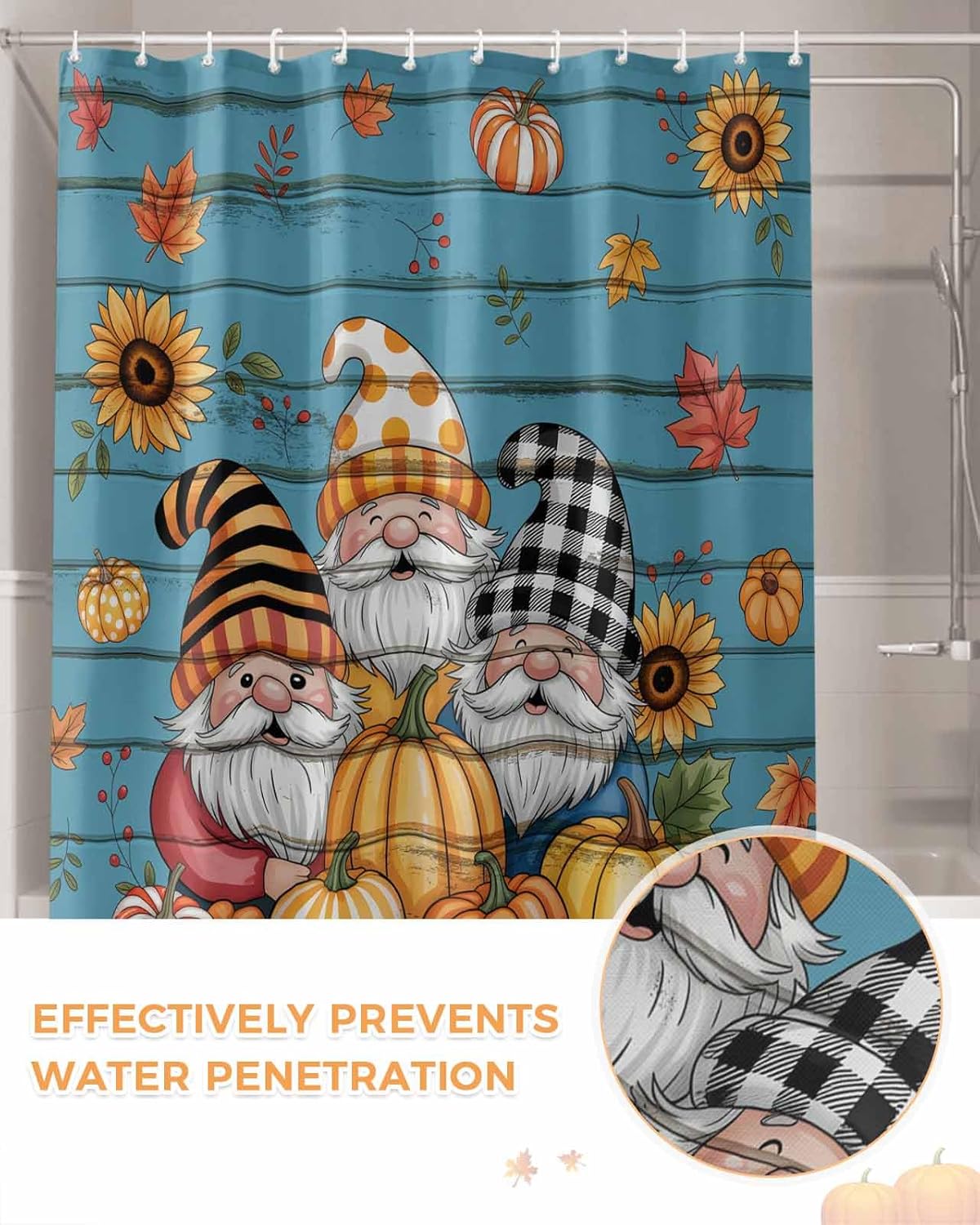 Fall Shower Curtain for Bathroom 54" x 78", Cartoon Gnomes Sunflower Pumpkins Shower Curtain with Hooks Polyester Waterproof Home Bathtub Decor