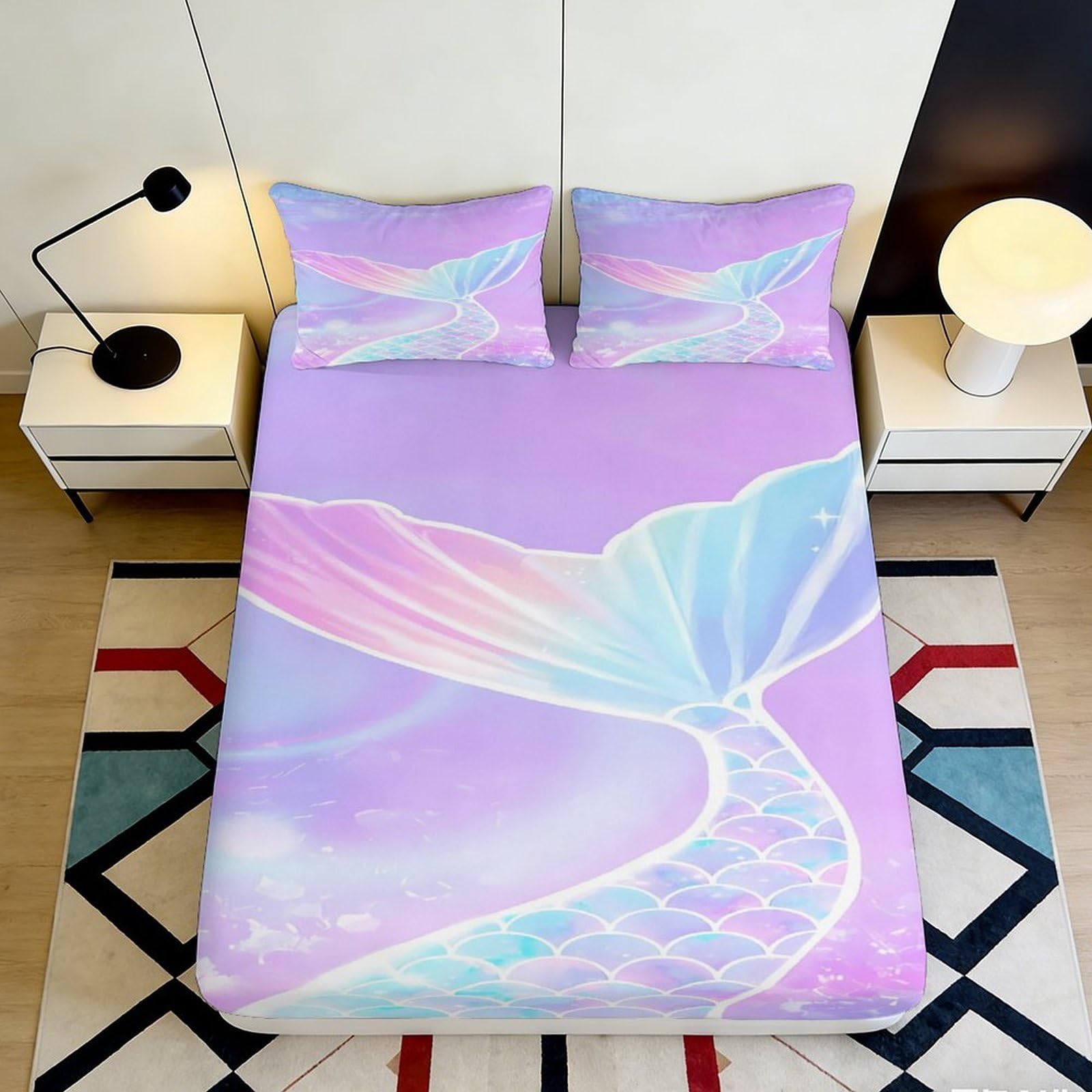 Pnayamiorkfel Style-1 3D Printed Pastel Mermaid Tail Fitted Sheet Microfiber Soft Decorative Mattress Cover For Bedroom Guest Room 90X200x25cm