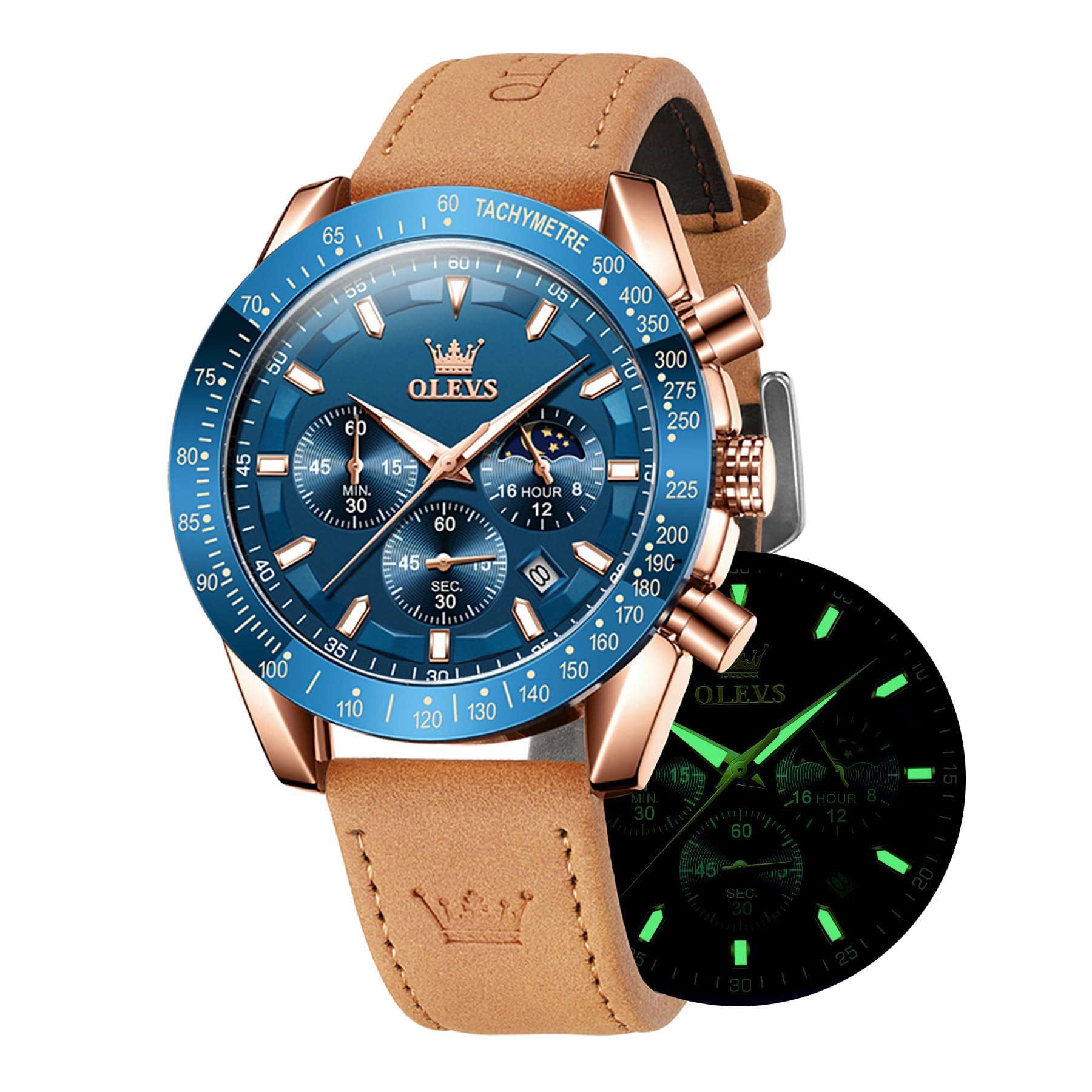OLEVS Orologio da uomo al quarzo multifunzionale cronografo marrone cinturino in pelle impermeabile sport luce notturna moda calendario simulazione orologio, 9957- Rosa Shell Blue Face, Moderno