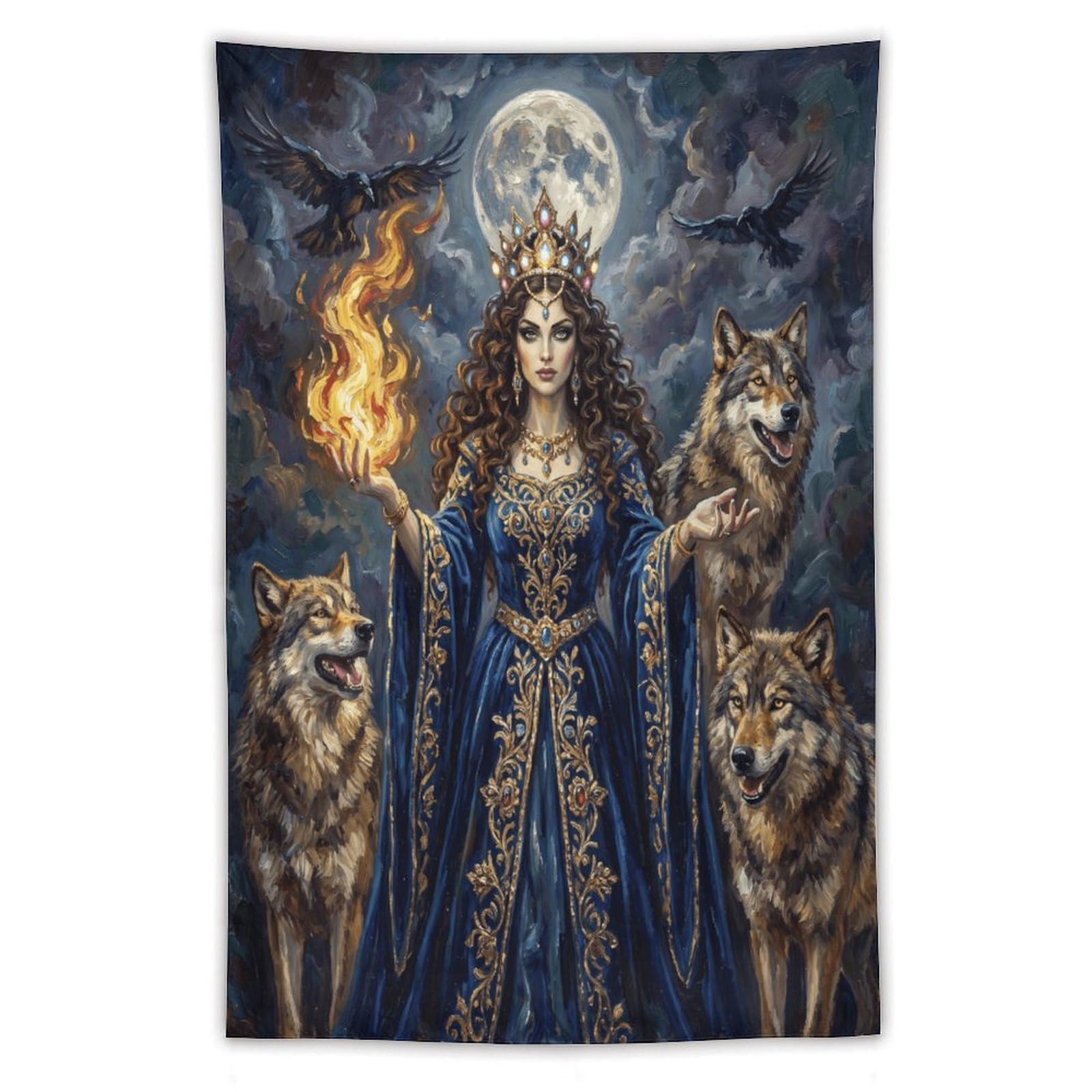 H3B8U2Y5 Wolf Goddess Blue Robe Wall Tapestry, Realistic Illustration