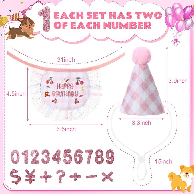 Chicingyou Conjunto de Cumpleaños para Perro con Sombrero y Bandana Rosa miniatura 2