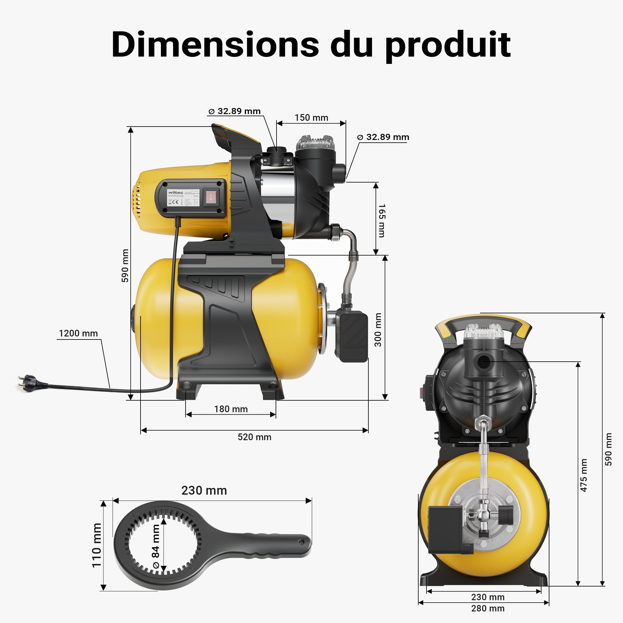 Wiltec Station d'eau domestique 1300 W 5000 l/h H 50 m P 7 m 2850 tr/min réservoir 24 L Arrosage irrigation jardinage
