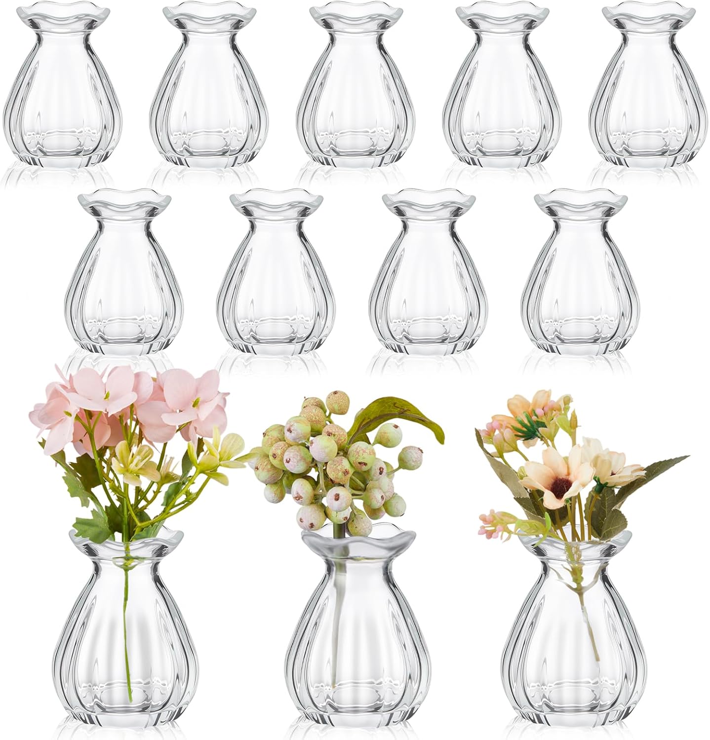 12 Pieces Glass Bud Vases for Centerpieces Bulk Mini Flower Bouquets Vases Small Cute Crystal Ribbed Glass Bud in Bulk for Wedding Baby Bridal Shower Table Party Home Decor (Clear)