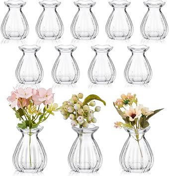 12 Pieces Glass Bud Vases for Centerpieces Bulk 3.5 Inch Mini Flower Bouquets Vases Small Cute Crystal Ribbed Glass Bud in Bulk for Wedding Baby Bridal Shower Table Party Home Decor Clear