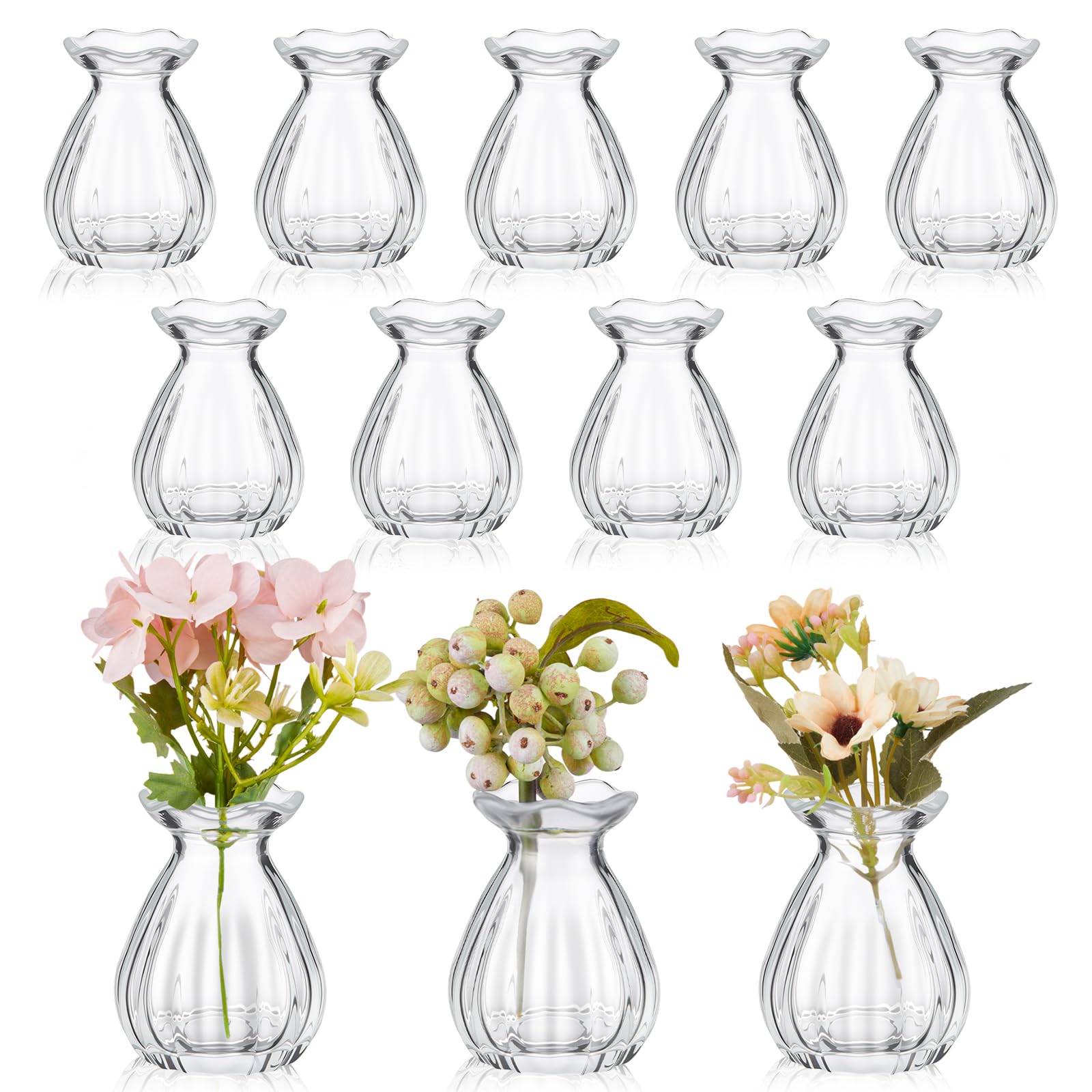 Photo 1 of Ninehaoou 12 Pieces Glass Bud Vases for Centerpieces Bulk 3.5 Inch Mini Flower Bouquets Vases Small Cute Crystal Ribbed Glass Bud in Bulk for Wedding Baby Bridal Shower Table Party Home Decor (Clear)