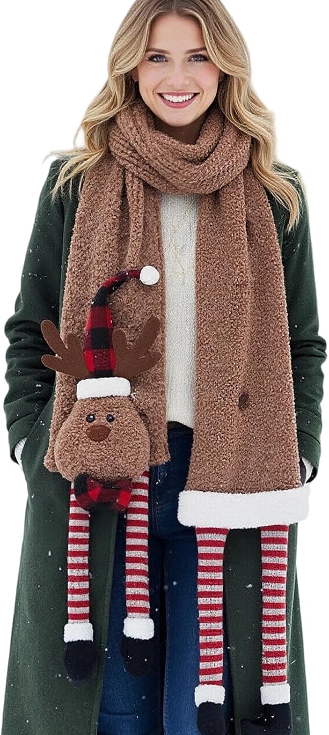 Christmas Cute Reindeer Scarf, Unisex Winter Warm Flannel Long Scarf Xmas Scarf, Cartoon Shawl Scarf with Elk Doll