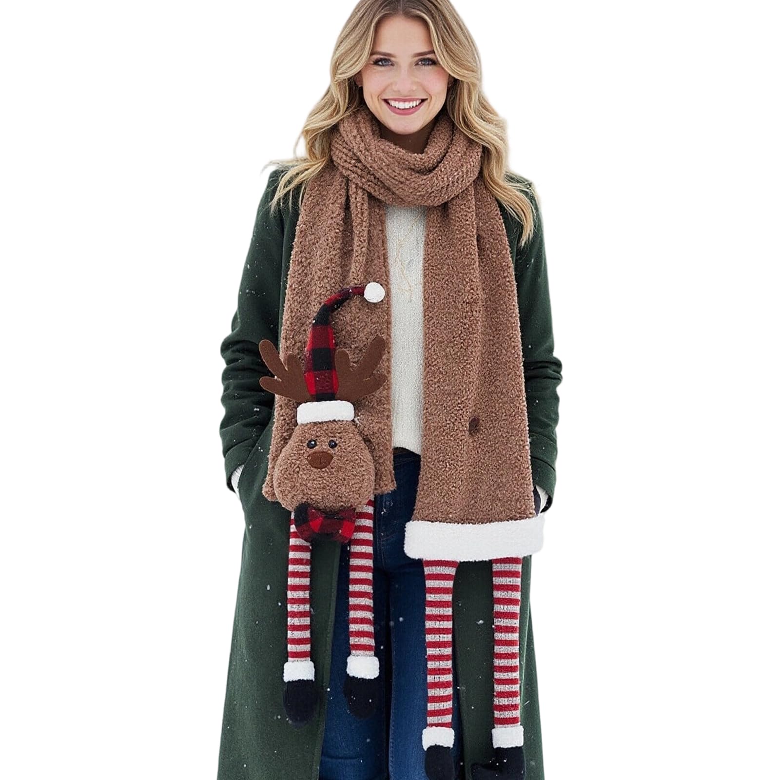 Sciarpa natalizia a forma di renna, unisex, calda sciarpa invernale in flanella lunga, sciarpa natalizia con motivo cartone animato con bambola di alce