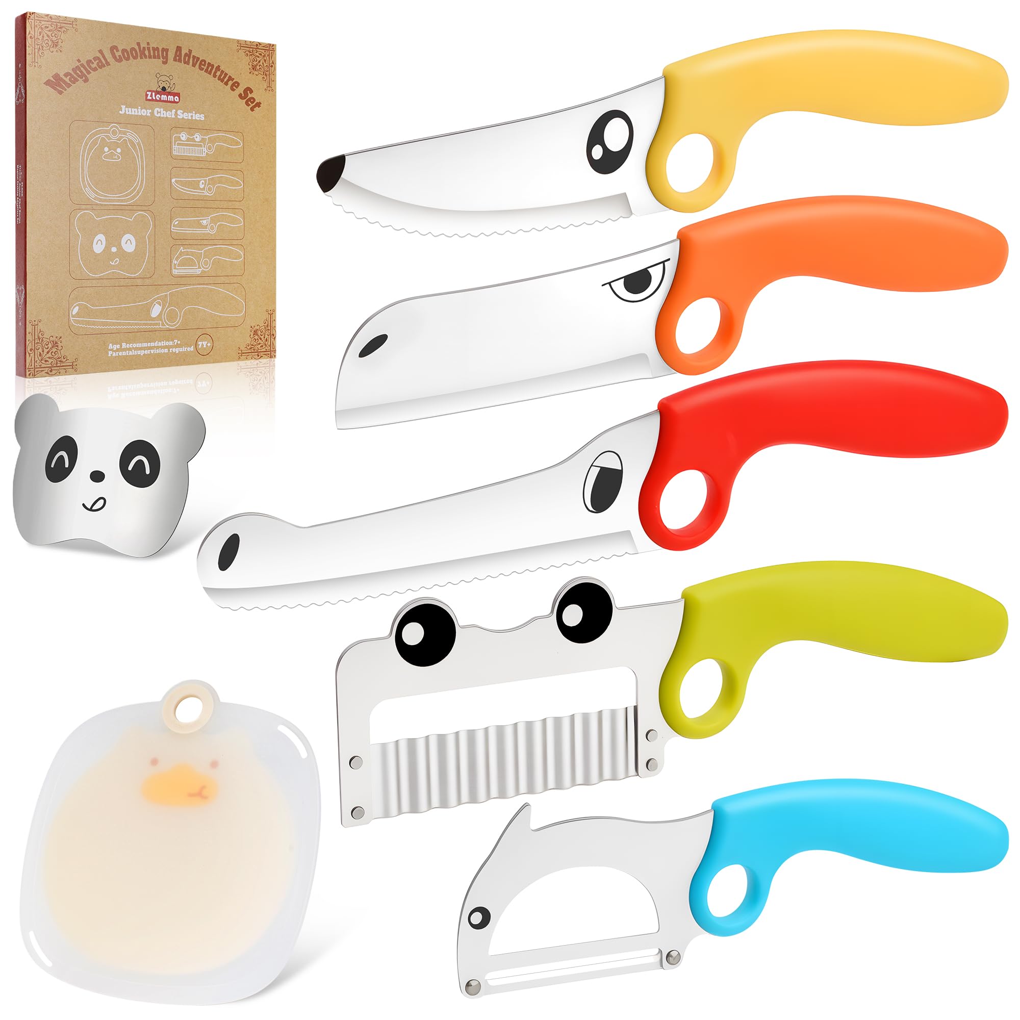 Kinder Küchenmesser-Set mit Lernring, 7-teiliges Tier-Kochwerkzeug-Set, sichere Edelstahlmesser, Fingerschutz & Schneidebrett, Montessori Kochset für Kinder