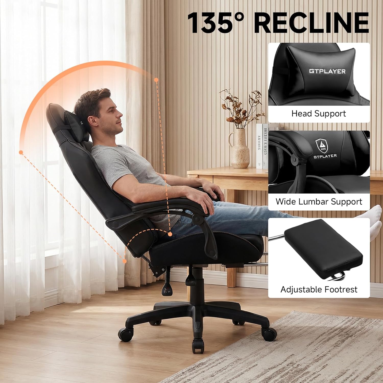 GTPLAYER Gaming Chair, High Back Computer Gaming Chair with Footrest, Ergonomic Height Adjustable Office Chair with Removable Cover and Lumbar Support for Gaming & Work (BLK,with Leather Cover)