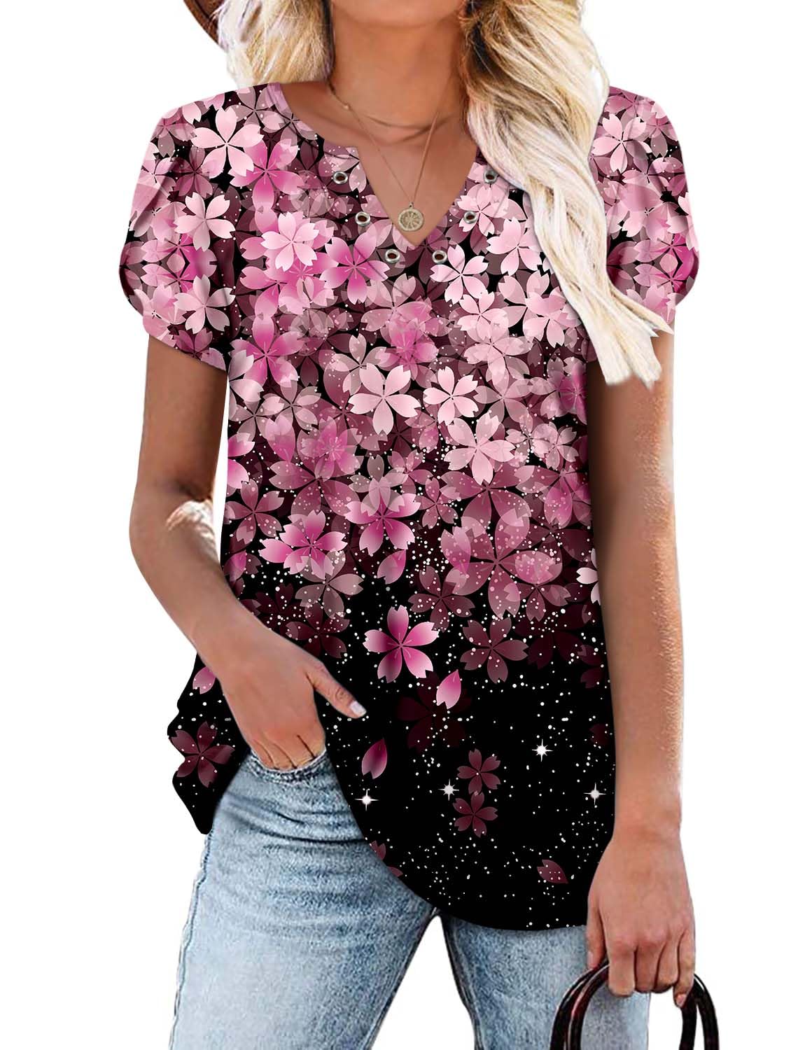 onlypuff Womens V Neck Tunic Tops Short Sleeve Pleated T-Shirt Summer Flowy Ruffle Blouse Shirts S-3XL