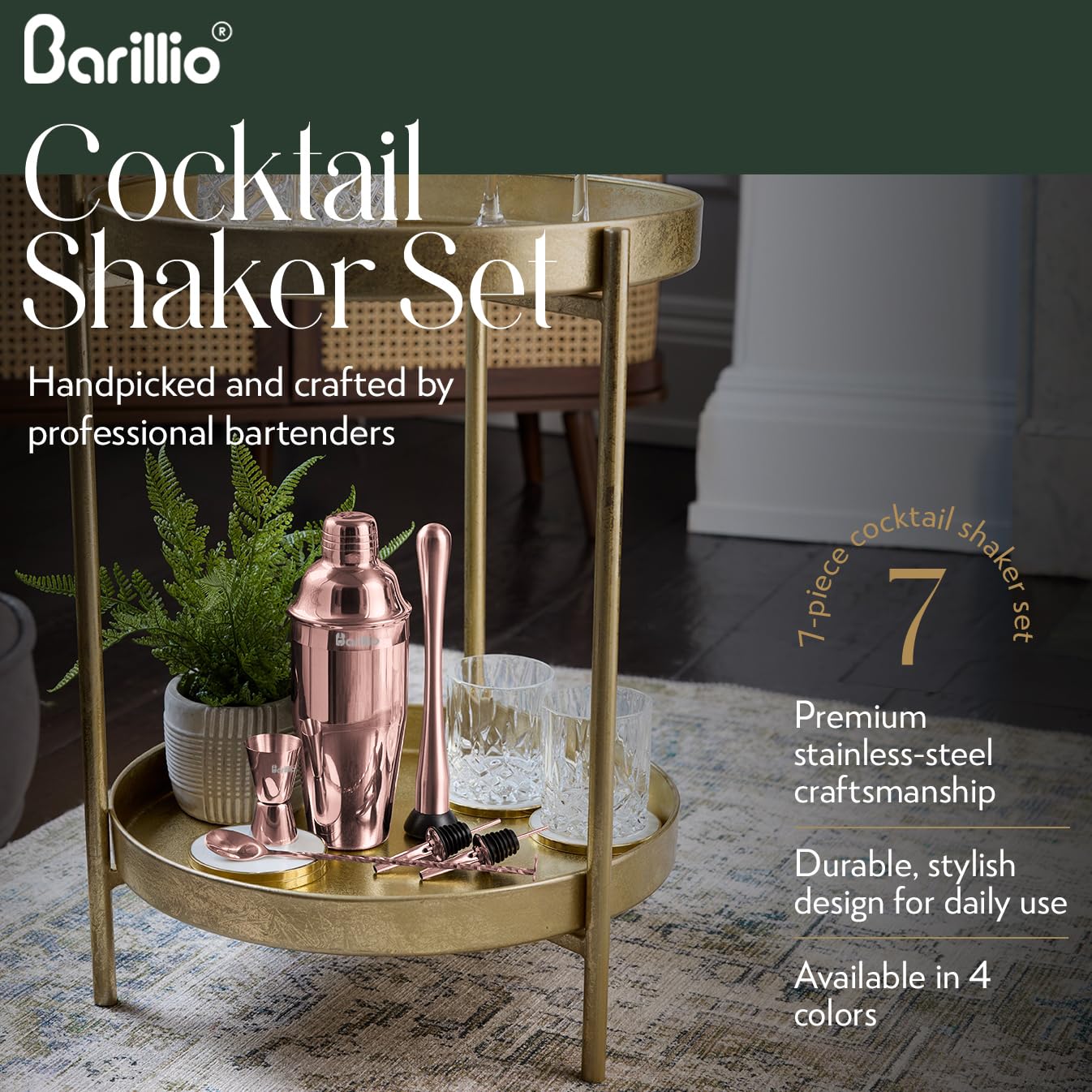 BARILLIO - Juego de coctelera de Cobre Rosa, Kit de coctelera de Barman de Acero Inoxidable de 24 onzas, Mezclador, Cuchara mezcladora, medidor, 2 vertedores de Licor, folleto de Recetas de Bolsa de