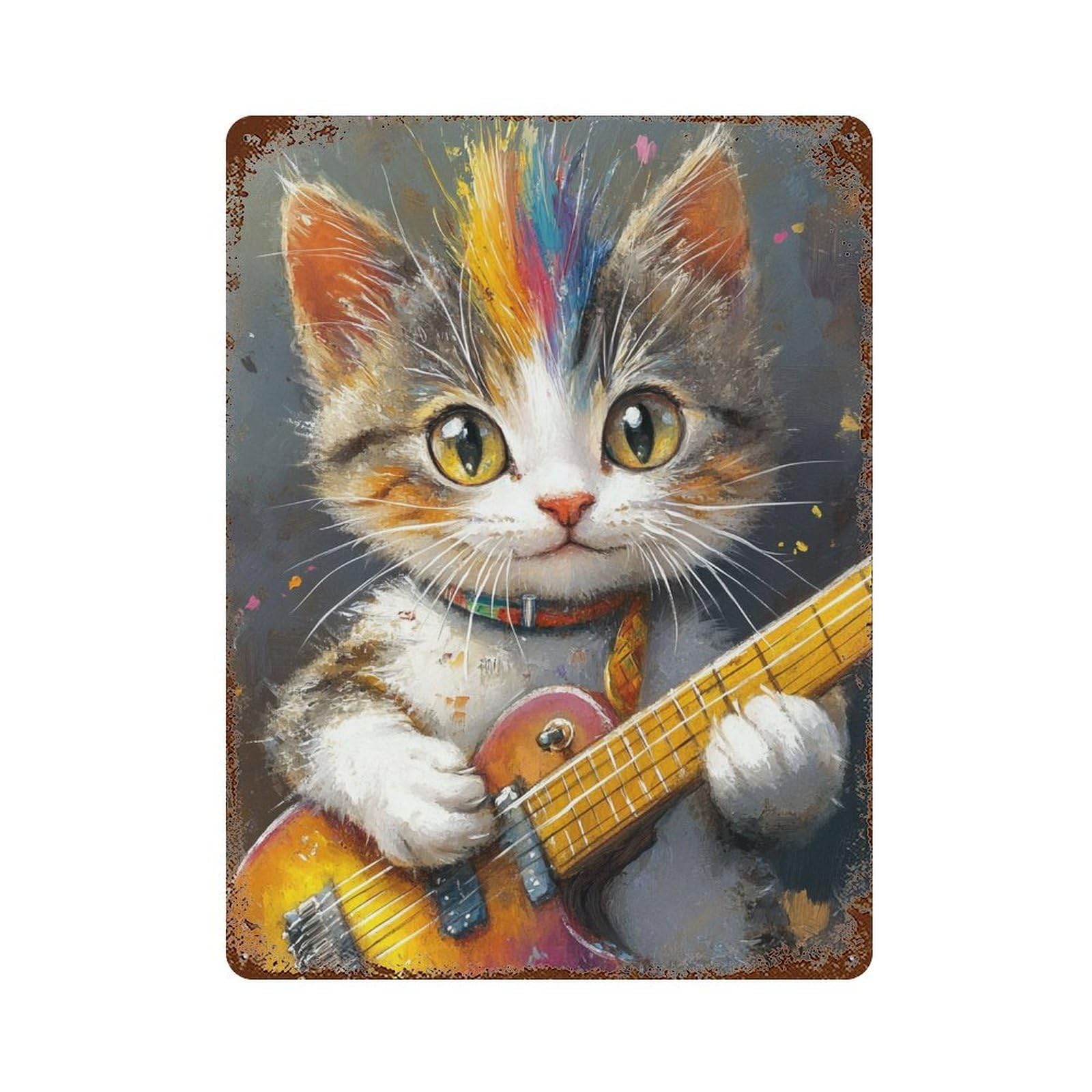 Colorful Cat Playing Guitar 15.7"x11.8" Distressed Metal Wall Sign, Retro Wall Decor for Garage, Bar And Workshop Decor