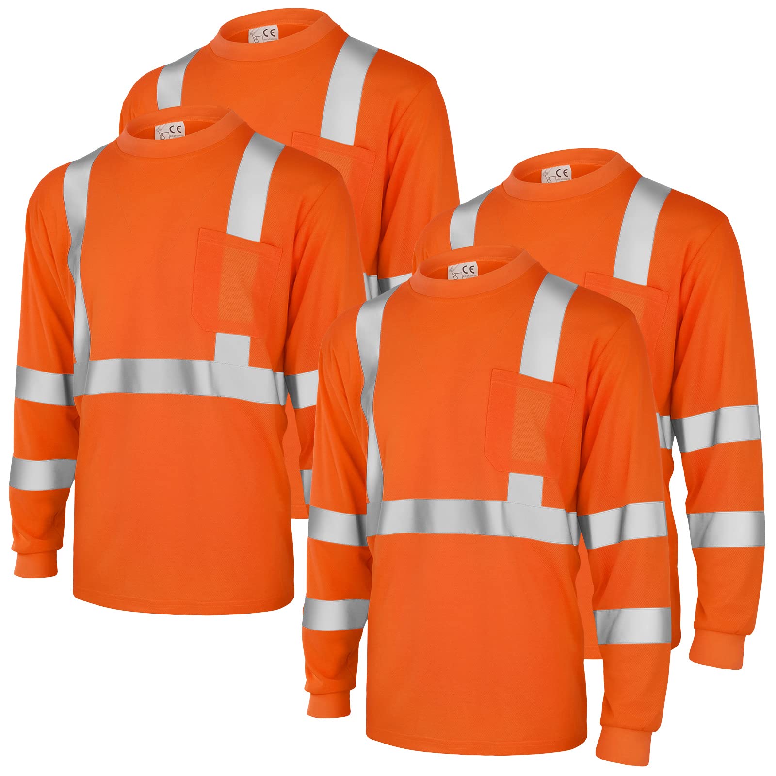 Amylove 4 Pcs Long Sleeve Safety Shirt High Visibility Reflective Construction Work Shirts for Men Women(XXXL,Orange)