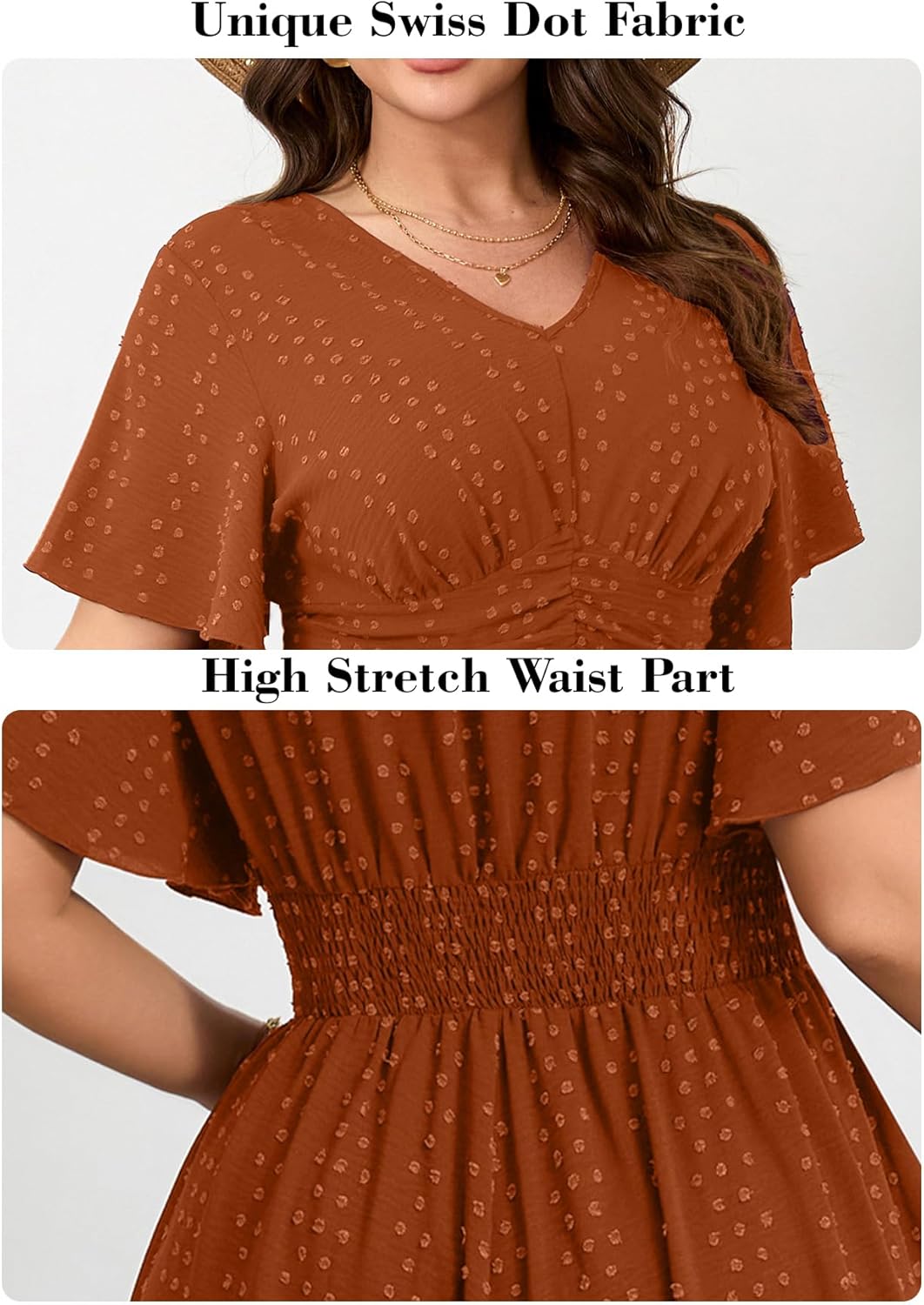 RWJ Women's Plus Size Maxi Dress V Neck Short Sleeve Swiss Dot A Line High Waist Boho Swing Casual Summer Dresses - Image 2