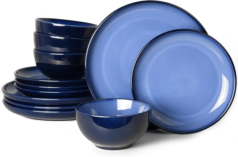 Stoneware Dinnerware Sets for 4, 12pcs Plates and Bowls Sets Dishes | Reactive Glaze Ceramic Dish Set, Microwave & Dishwasher Safe, Highly Chip and Crack Resistant Dishware sets, Light Blue