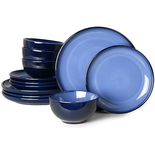 Blue Stoneware Dinnerware Set, 12 pcs Reactive Glaze Plates and Bowls Sets, Handmade Round Dishes Set for 4, Highly Chip and Crack Resistant Modern Plate Set