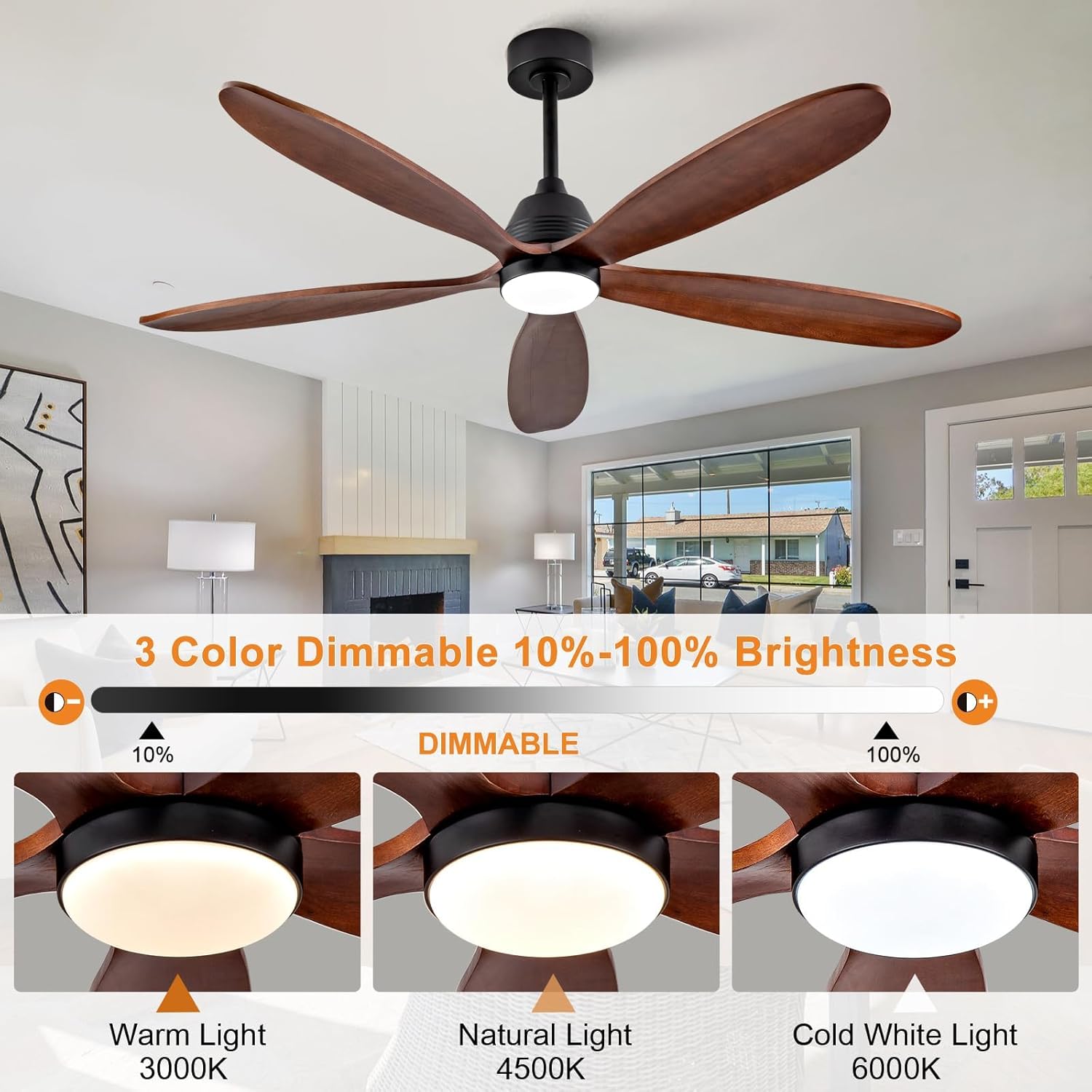 60 Inch Wood Ceiling Fans with Lights and Remote, Modern Outdoor Ceiling Fan with Light for Patio, Dimmable, Wall Switch, 5 Blades, Reversible DC Motor, Memory Function (Black Walnut)